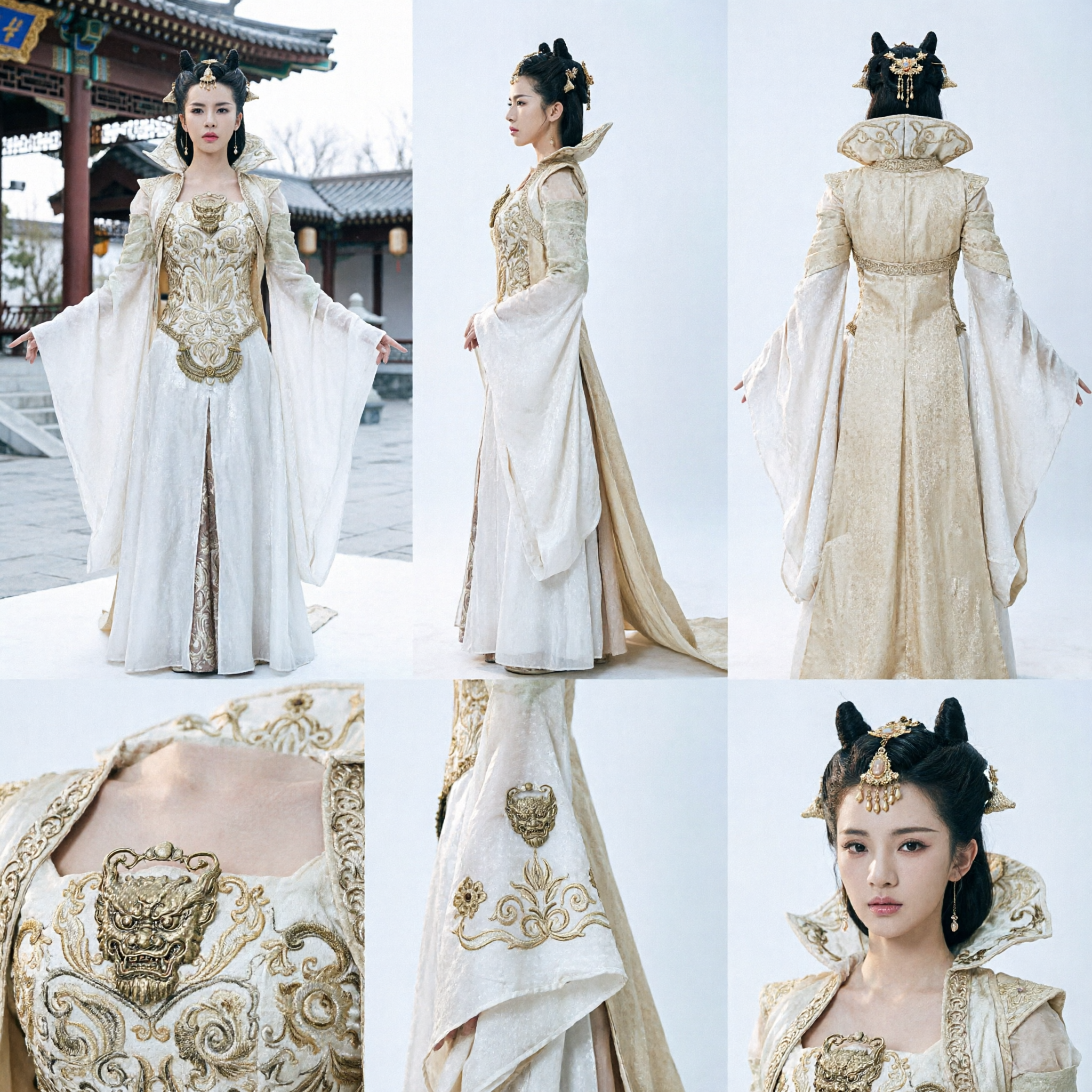 Traditional Chinese Ancient Fantasy Fairy Dress White Gold Embroidered Hanfu Cosplay Costume for Women Stage Show - Asian Costume