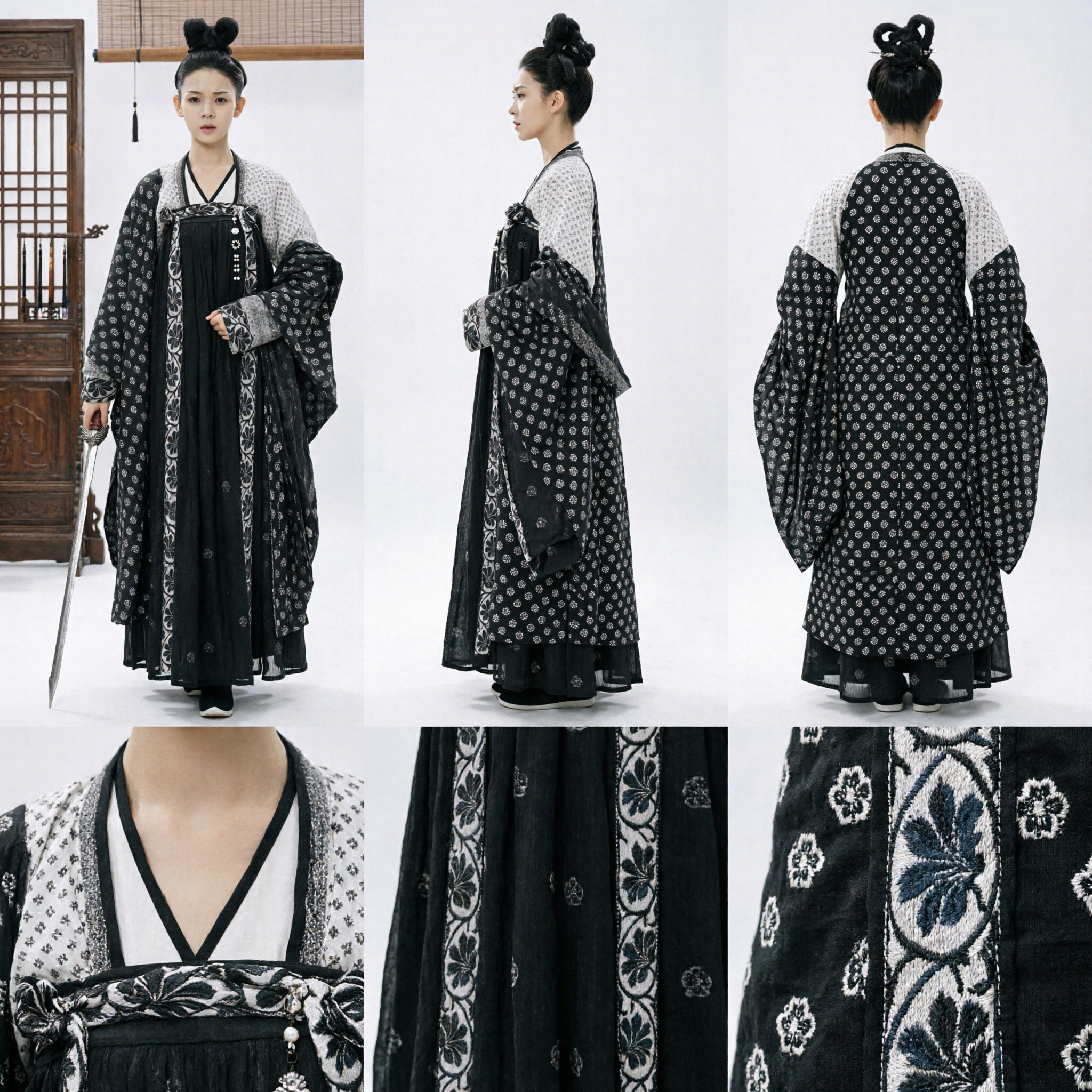 Women's Traditional Chinese Hanfu Tang Dynasty Costume Black Floral Wuxia Swordswoman Ancient Clothing - Asian Costume