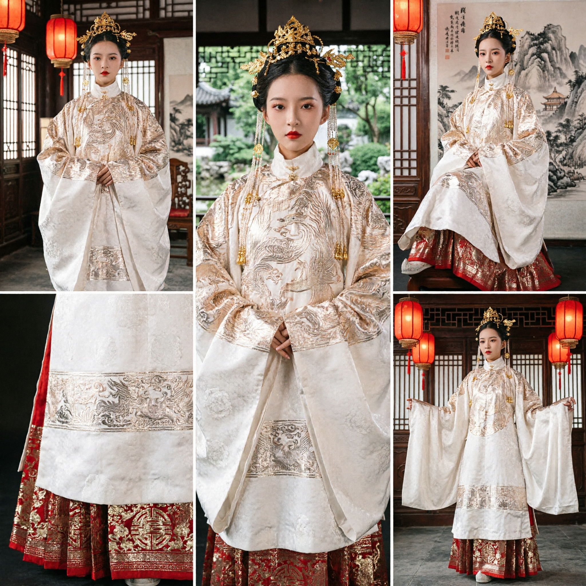 Traditional Chinese Hanfu Ancient Palace Queen Costume White Gold Embroidery Formal Wedding Dress for Women - Asian Costume