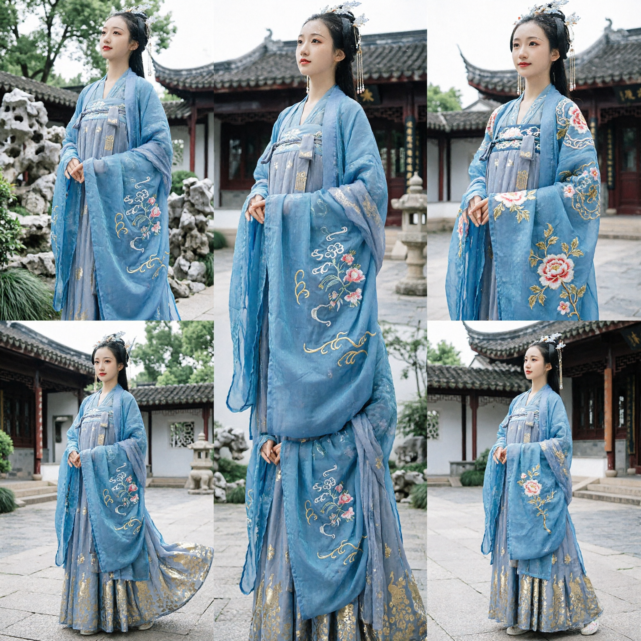 Traditional Chinese Hanfu Blue Floral Embroidered Robe and Gold Foil Skirt Ancient Fairy Costume for Women - Asian Costume