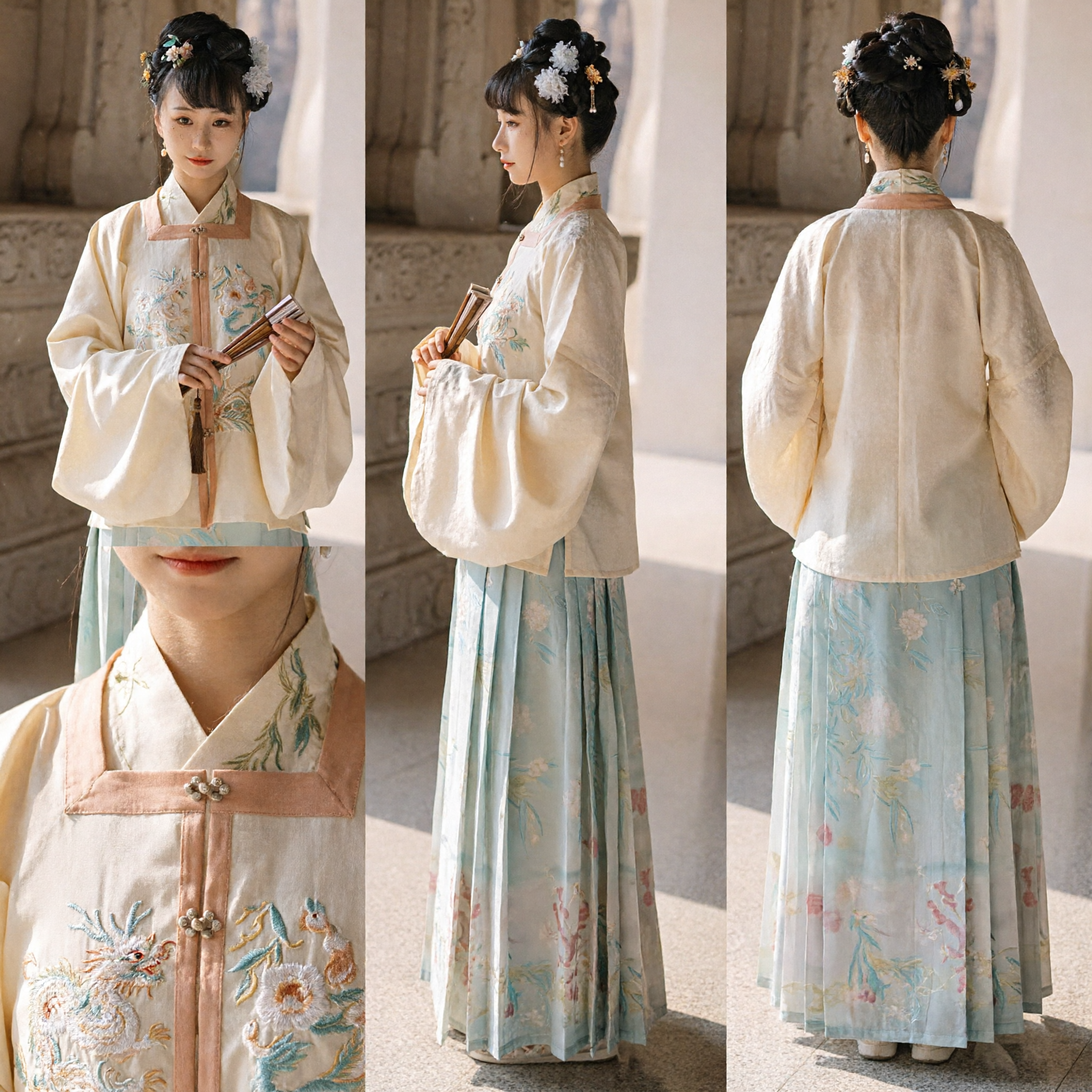 Ancient Chinese Hanfu Costume Song Dynasty Style Embroidered Cream Top and Floral Pleated Skirt Set for Women - Asian Costume