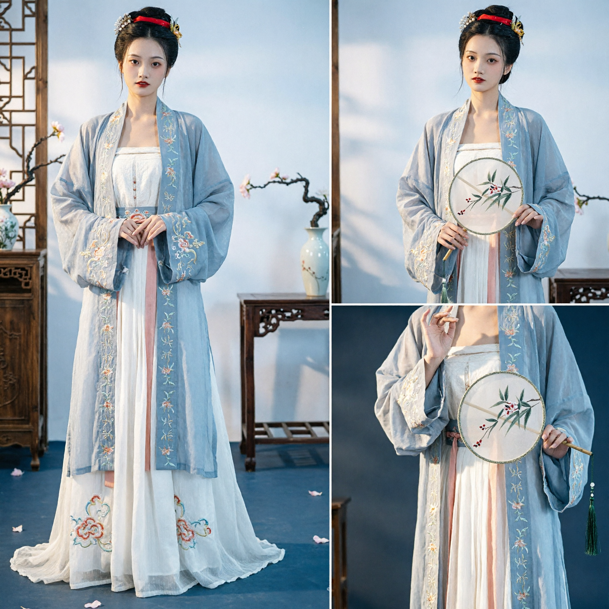Traditional Chinese Hanfu Costume for Women Song Dynasty Style Blue Embroidered Robe and Dress Set for Photography - Asian Costume
