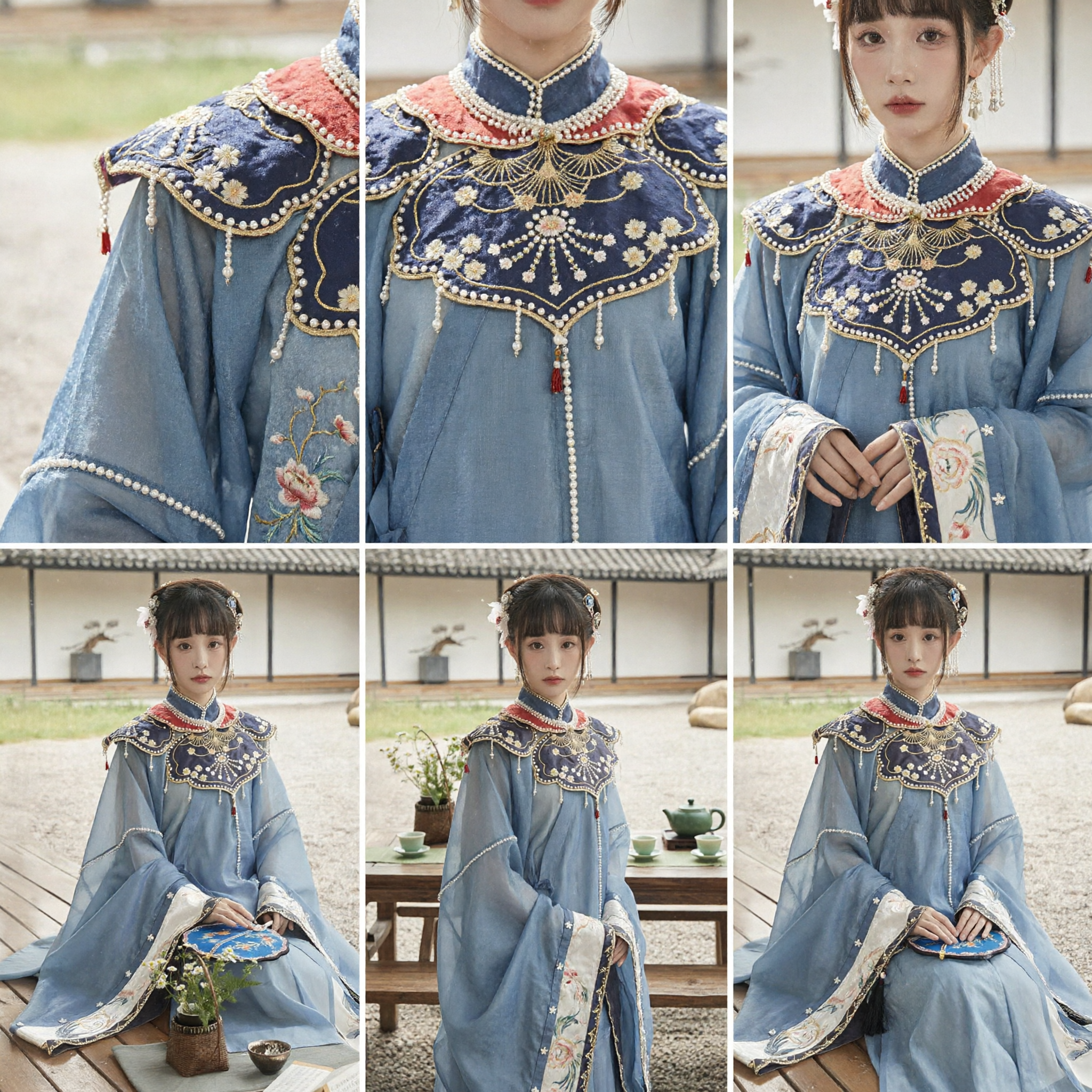 Elegant Blue Ming Dynasty Hanfu for Women with Embroidered Yunjian Cloud Collar Traditional Chinese Costume - Asian Costume