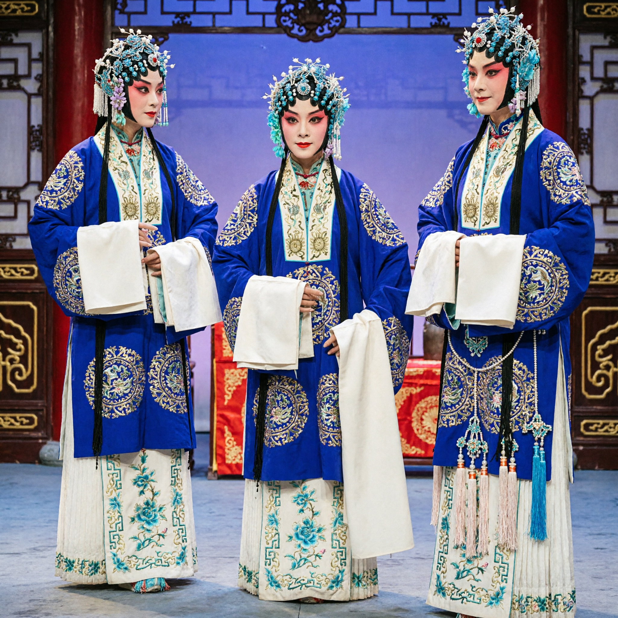 Traditional Chinese Peking Opera Blue Embroidered Robe and Headdress Complete Costume Set for Female Dan Role Stage Performance - Asian Costume