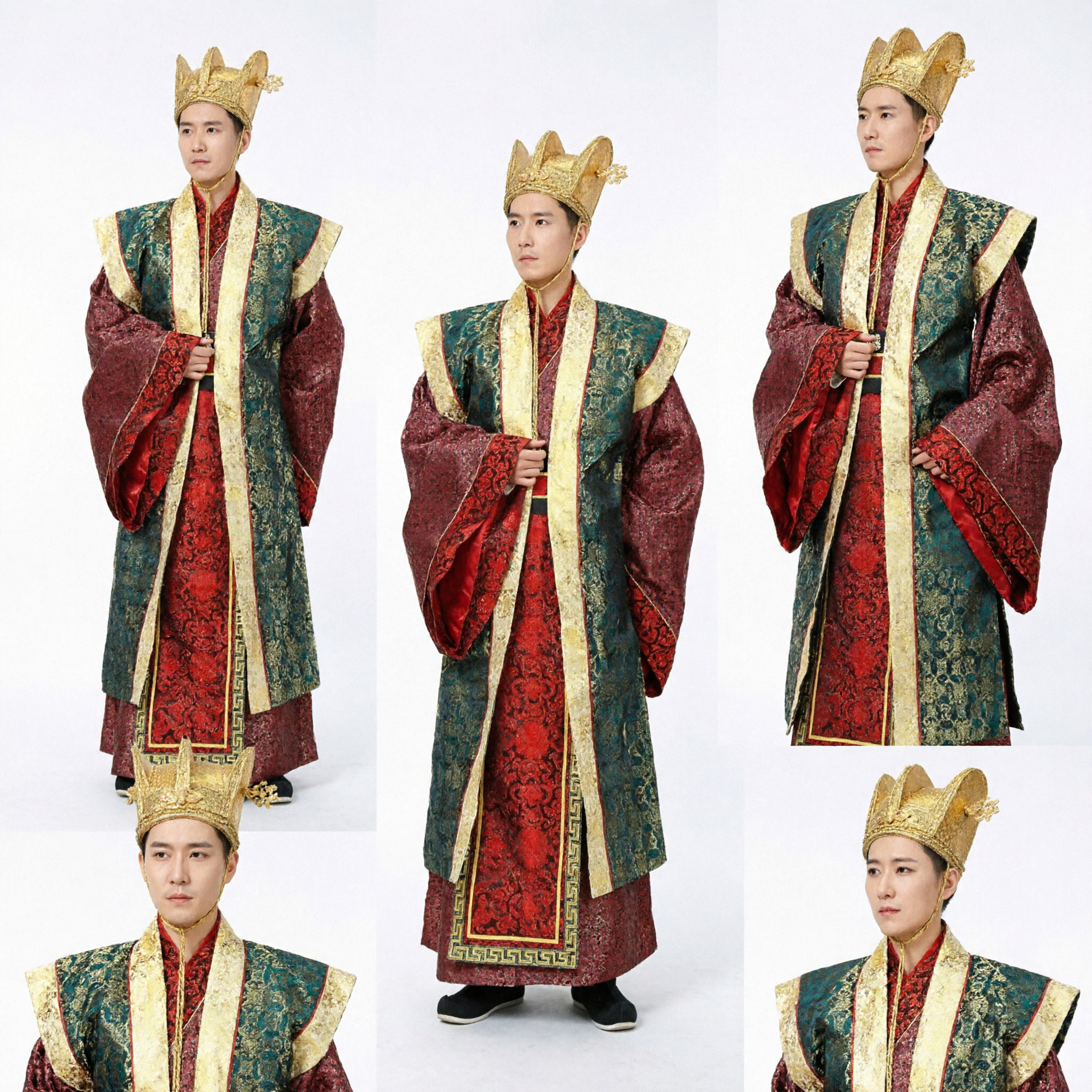 Men's Traditional Chinese Ancient Emperor Costume Red and Green Brocade Hanfu Robe for Cosplay and Stage Performance - Asian Costume