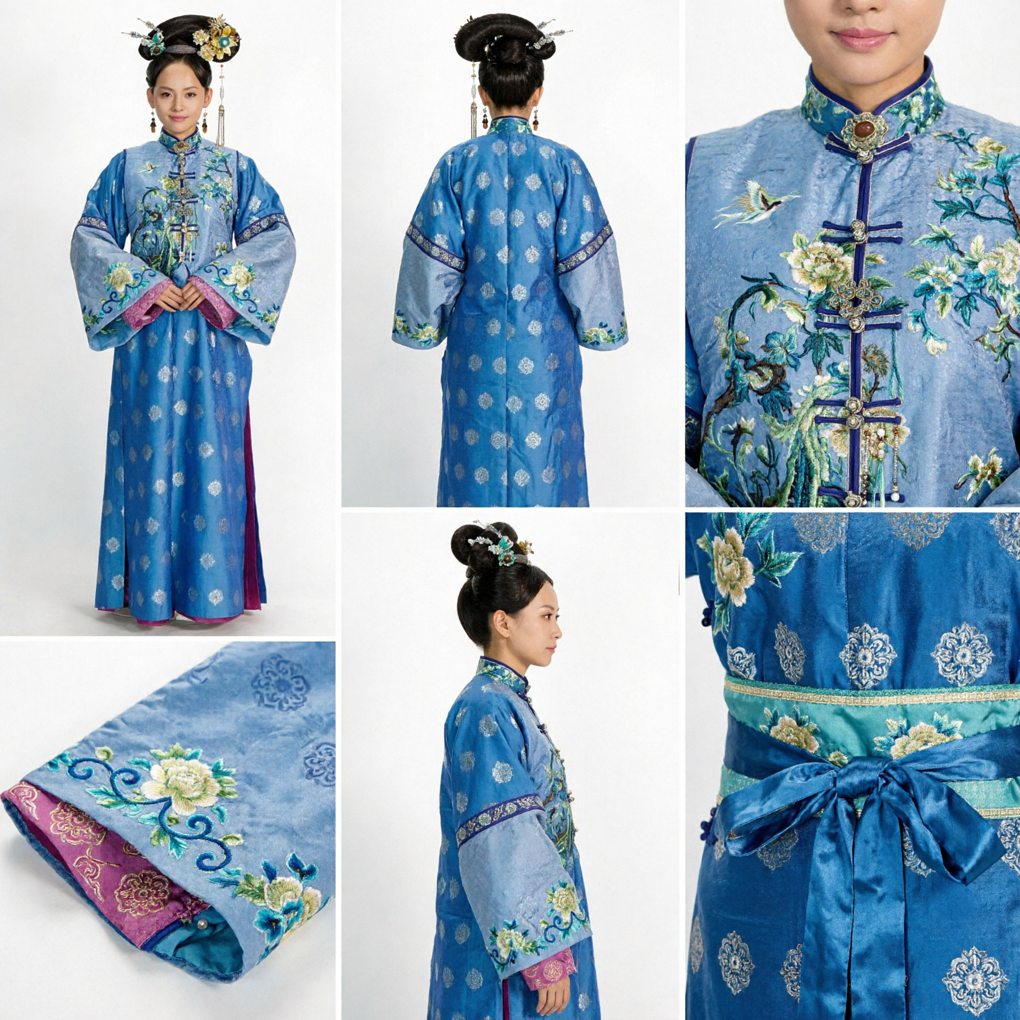 Traditional Chinese Qing Dynasty Manchu Princess Costume Blue Embroidered Robe Dress for Women Historical Cosplay - Asian Costume