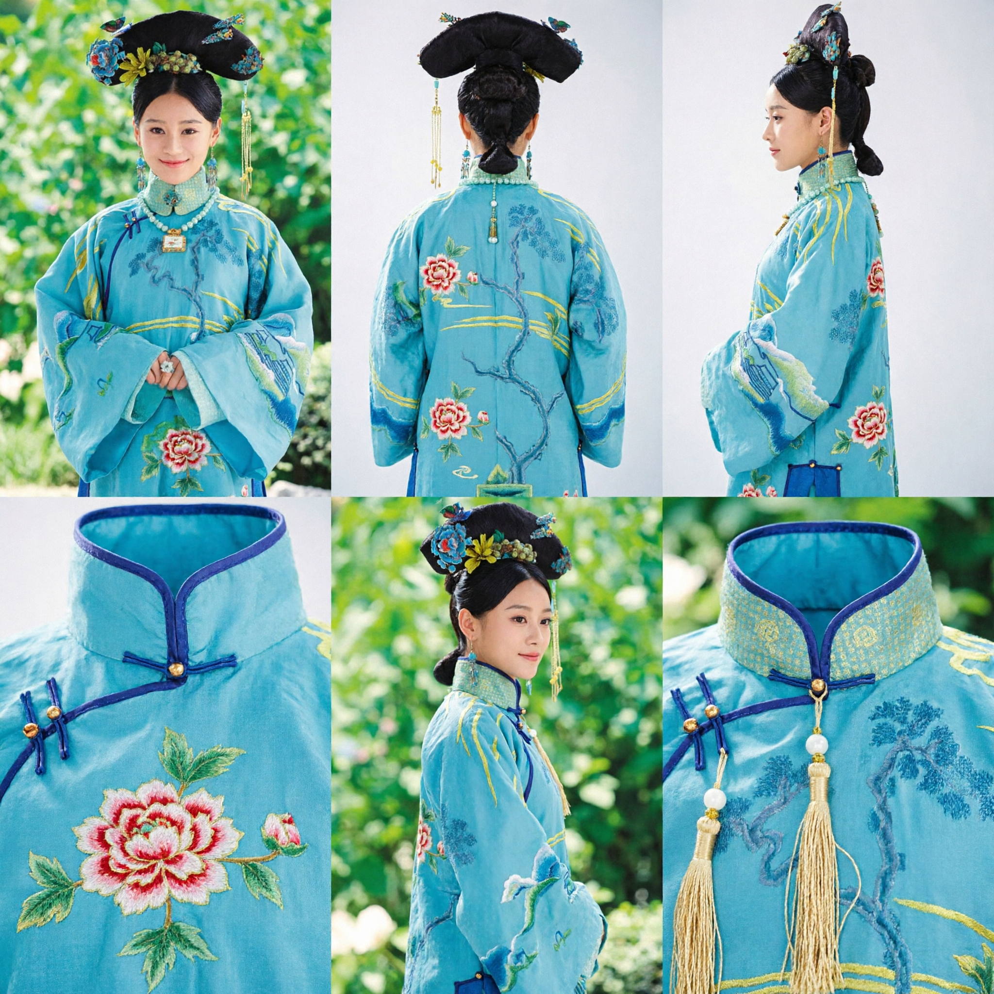 Traditional Chinese Qing Dynasty Manchu Princess Costume Blue Embroidered Robe and Headdress Set for Women Cosplay - Asian Costume