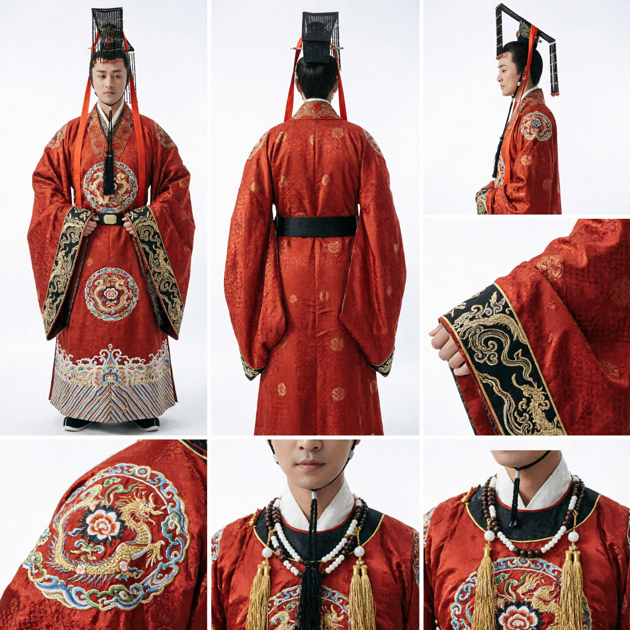 Ancient Chinese Emperor Costume Red Hanfu Robe with Beaded Crown for Men Historical Drama Performance - Asian Costume