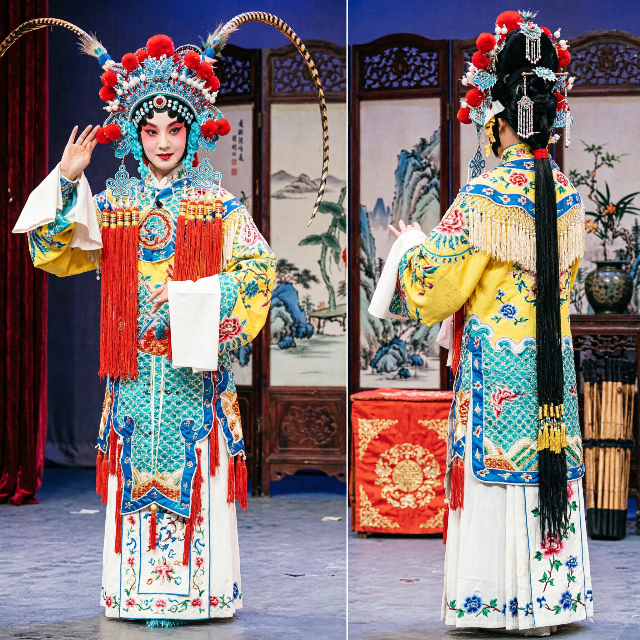 Traditional Chinese Peking Opera Costume for Women with Embroidered Robe and Pheasant Feather Headdress for Stage Performance - Asian Costume
