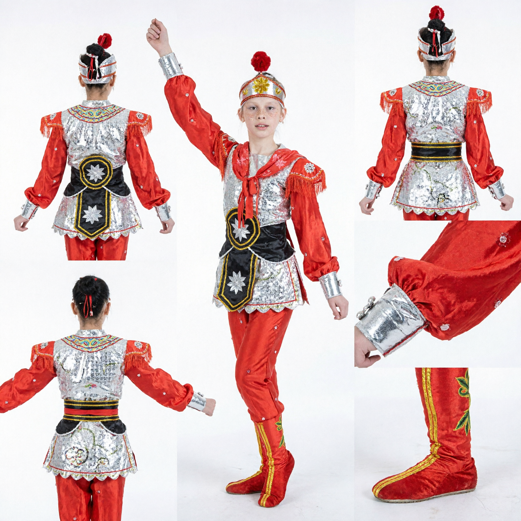 Traditional Chinese Folk Dance Costume for Girls Red Ethnic Minority Stage Performance Dress with Hat - Asian Costume