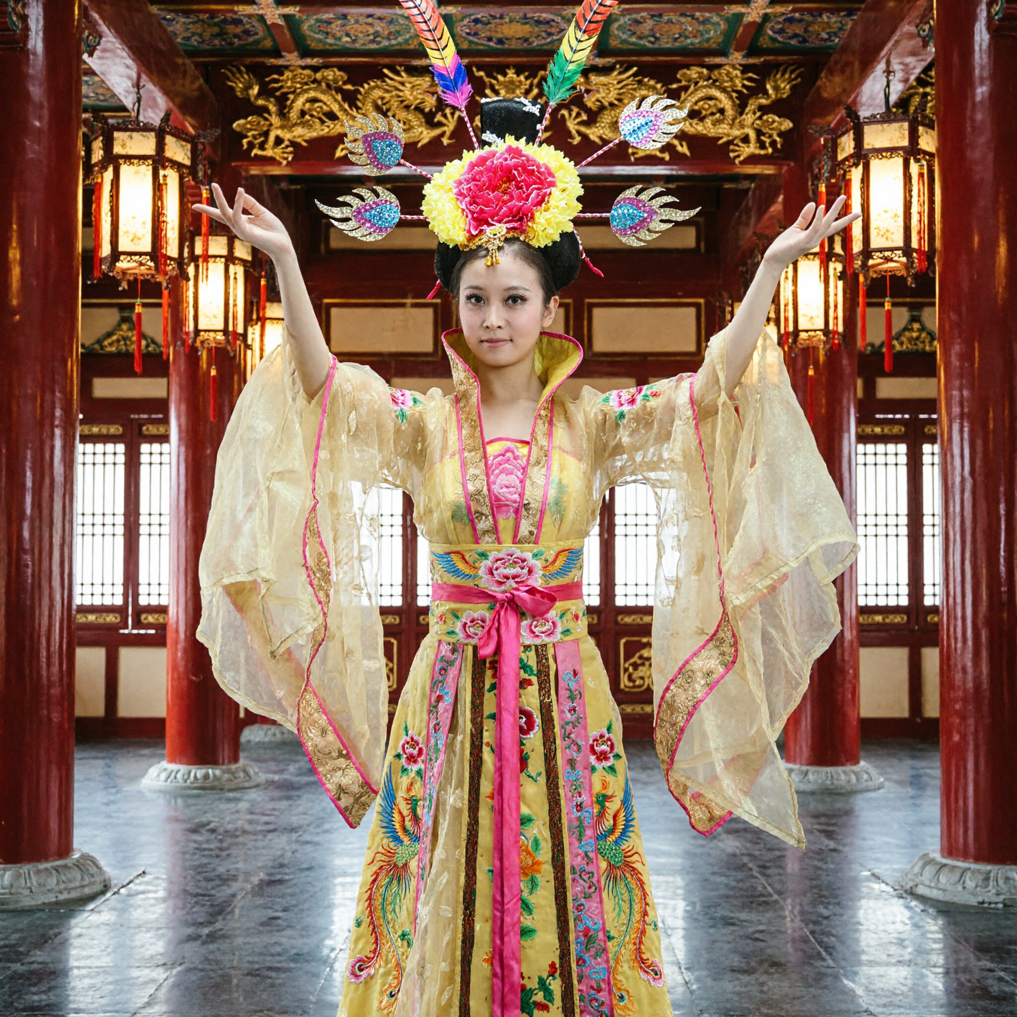 Traditional Chinese Yellow Hanfu Tang Dynasty Princess Costume for Women Stage Dance Performance - Asian Costume