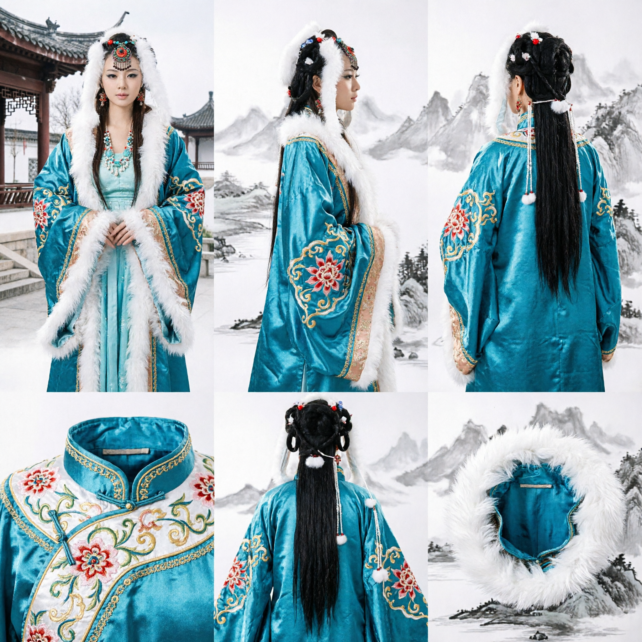 Traditional Chinese Hanfu Costume Blue Ancient Princess Fairy Dress with White Fur Trim for Women Cosplay - Asian Costume