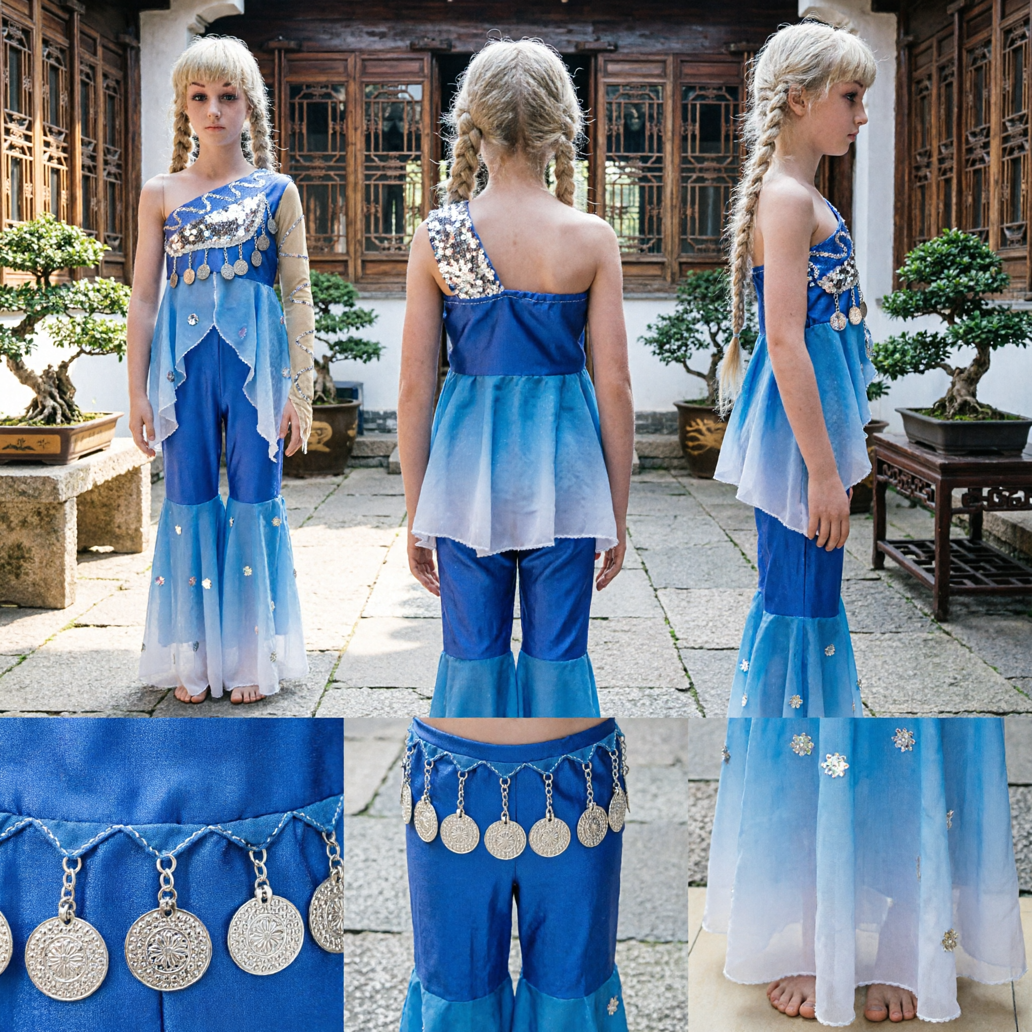 Kids Girls Blue Gradient Bollywood Dance Costume Sequin One Shoulder Top Flared Pants Stage Wear - Asian Costume