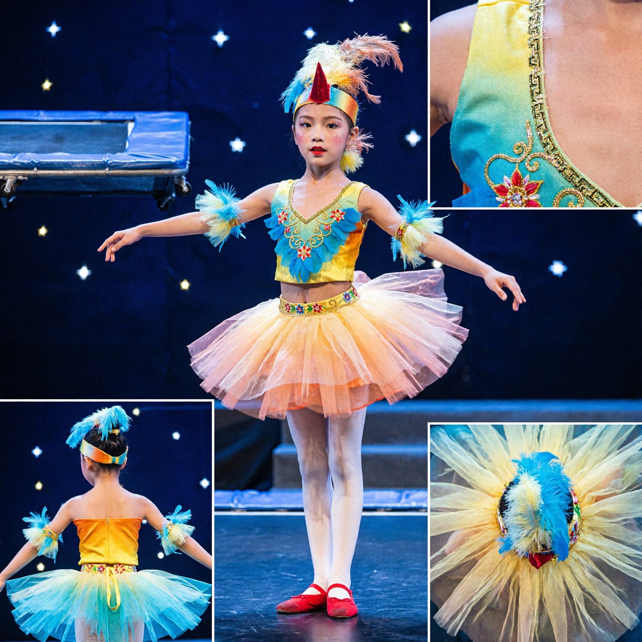 Vibrant Bird-Themed Children's Chinese Dance Costume with Feather Headpiece and Tutu for Stage Performances - Asian Costume