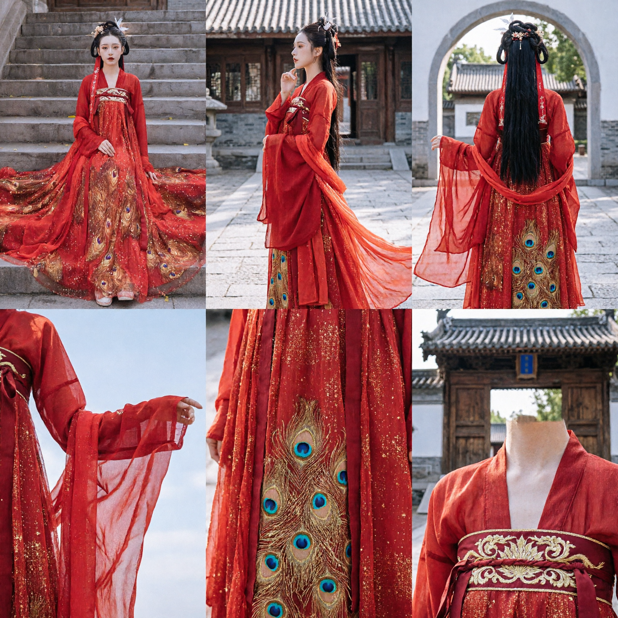 Elegant Red Chinese Hanfu Dress with Peacock Embroidery Traditional Ancient Costume for Women Wedding Performance - Asian Costume