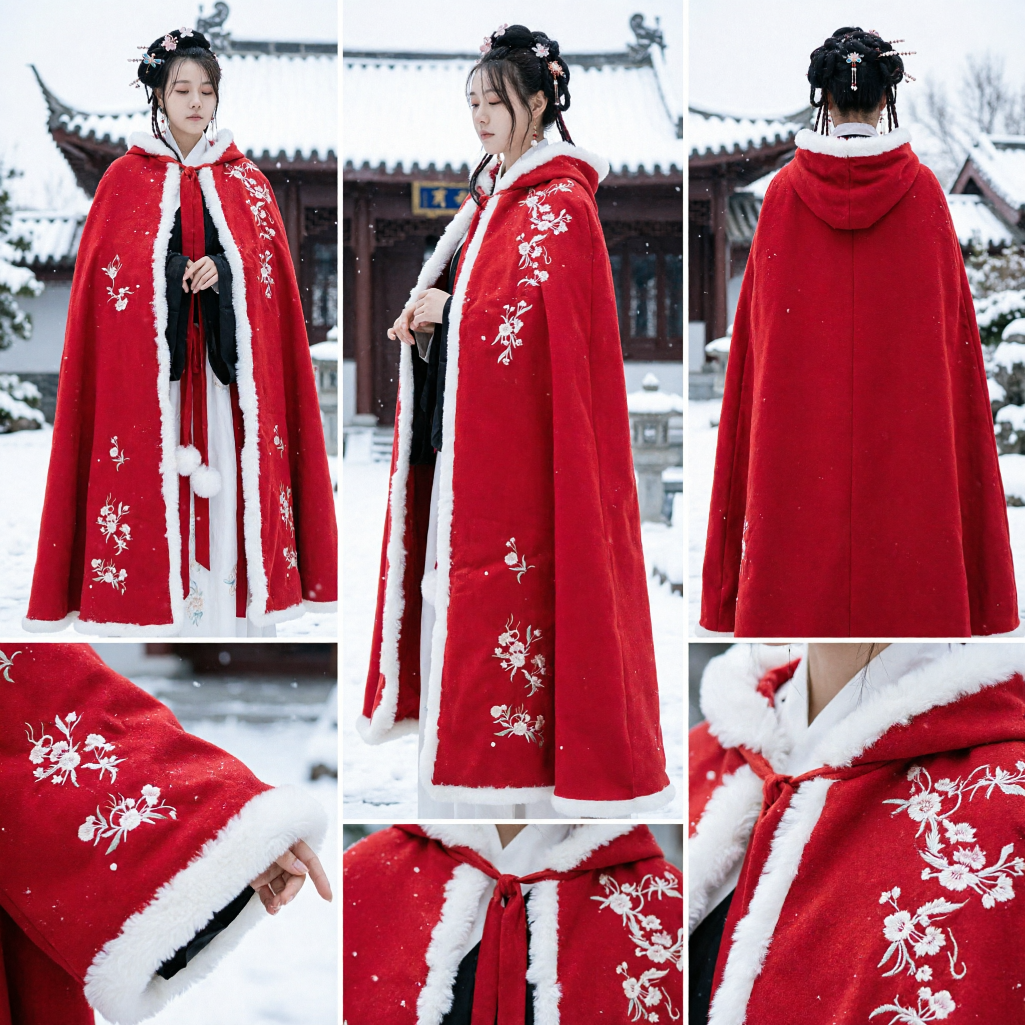 Traditional Chinese Red Cloak Cape with White Fur Trim and Floral Embroidery for Women Winter Hanfu Outerwear - Asian Costume