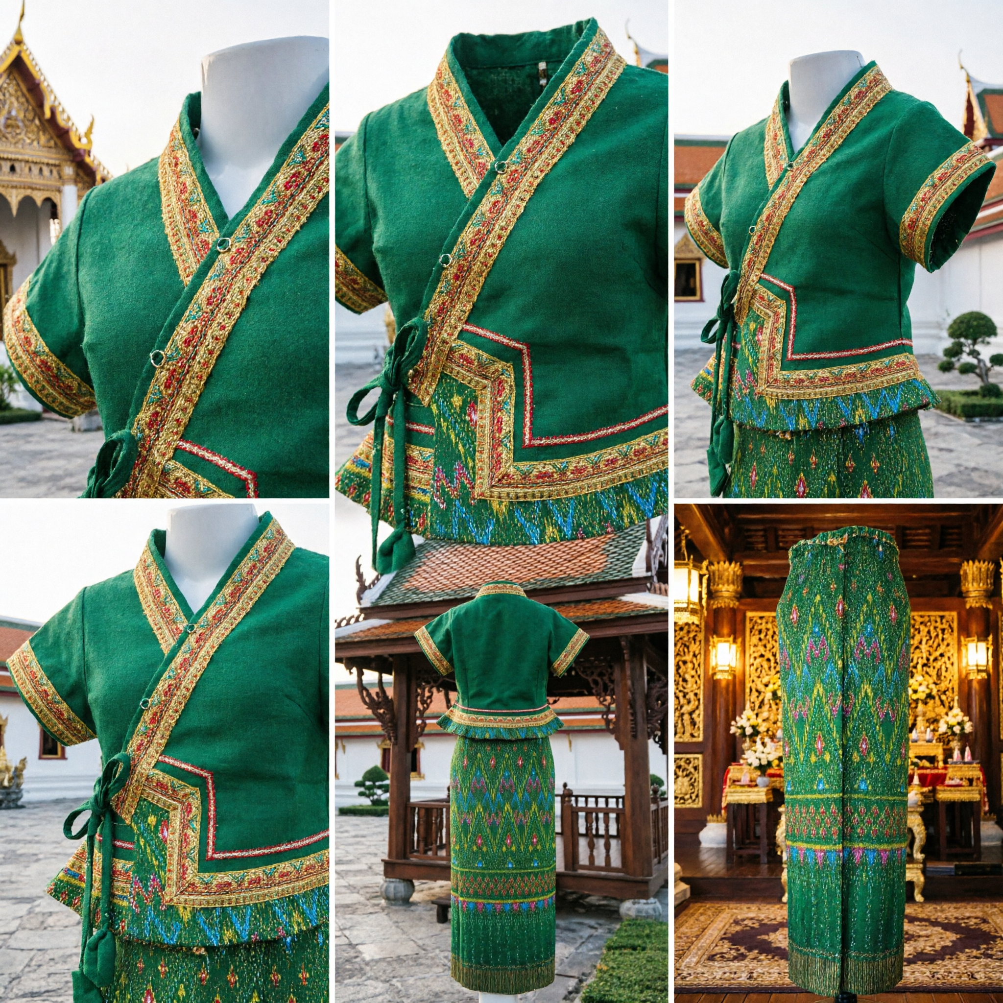 Vibrant Green Traditional Thai Folk Dance Costume for Women with Intricate Woven Patterns and Wrap Top - Asian Costume