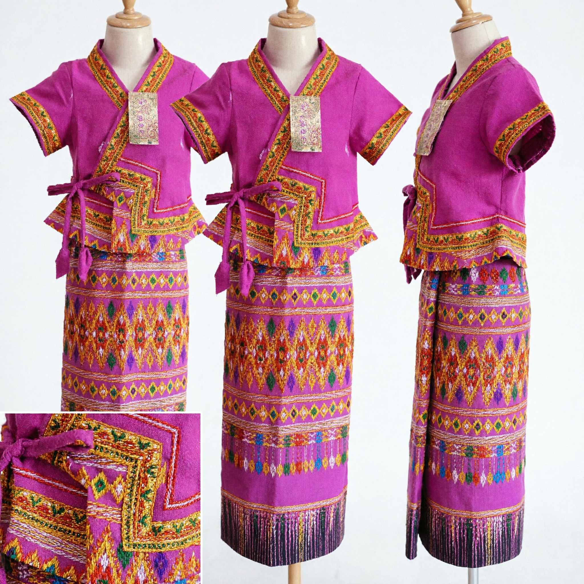 Traditional Thai Dai Ethnic Minority Pink Silk Costume Set with Embroidered Wrap Top and Patterned Sarong for Women - Asian Costume