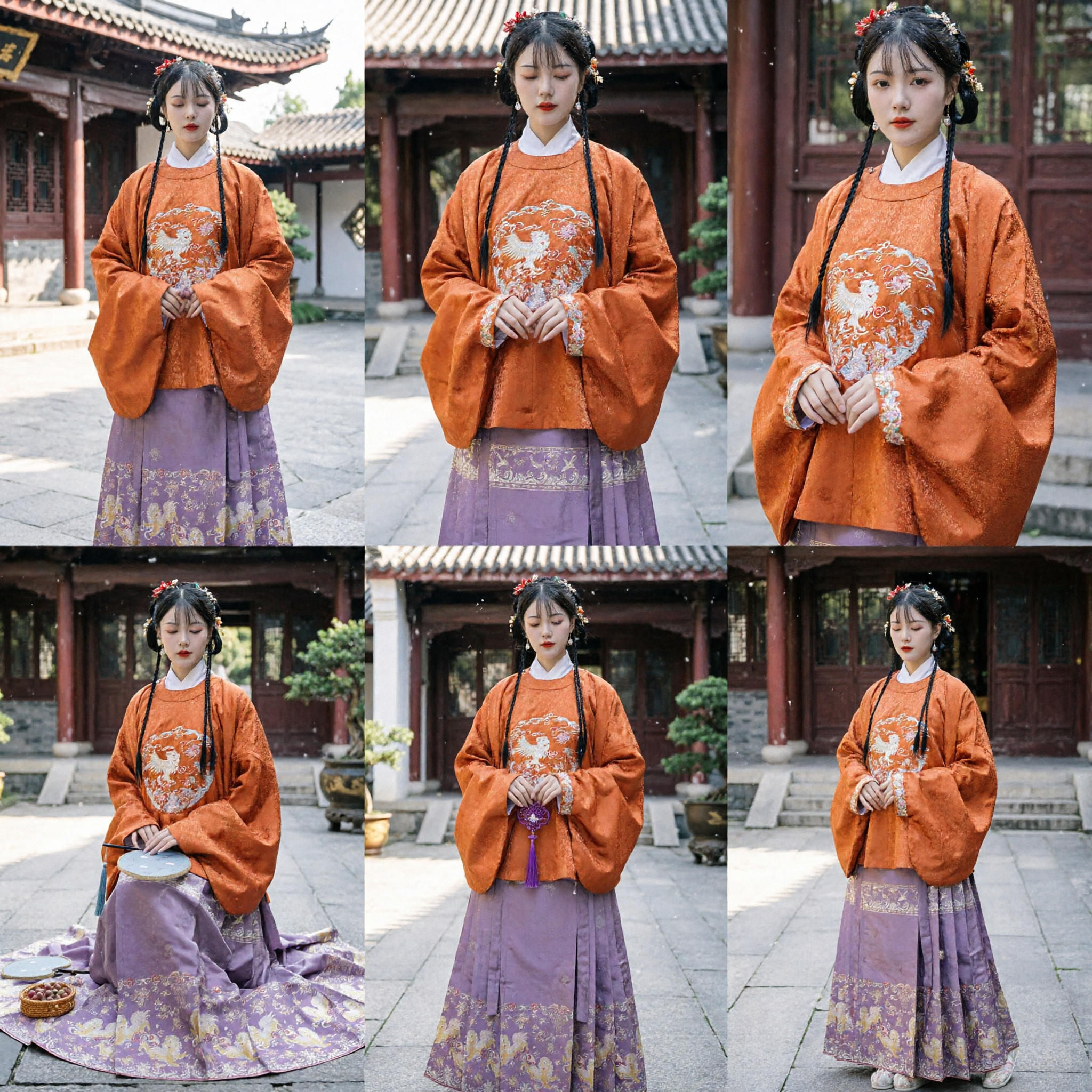 Traditional Chinese Hanfu Ming Dynasty Costume Women Orange Embroidered Top Purple Lion Pattern Skirt Set - Asian Costume