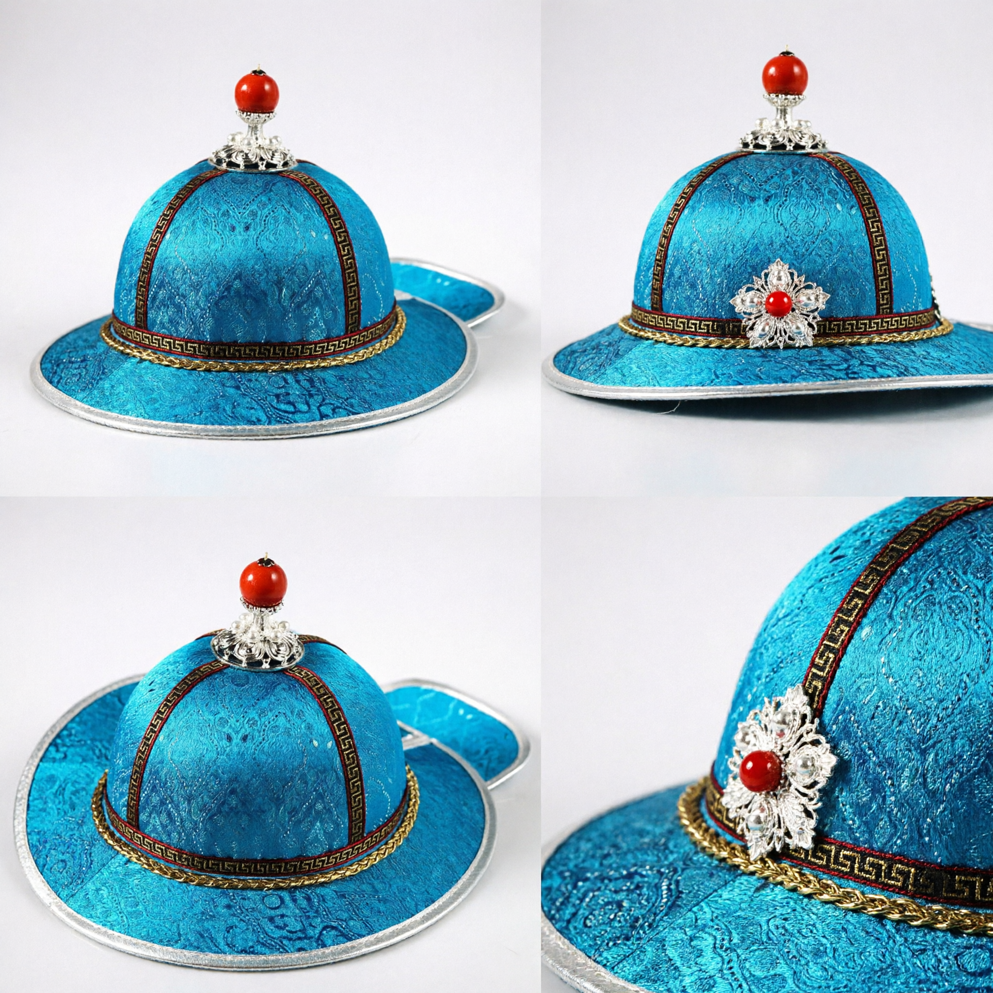 Traditional Chinese Qing Dynasty Official Blue Silk Hat with Red Bead for Men Historical Costume Cosplay - Asian Costume
