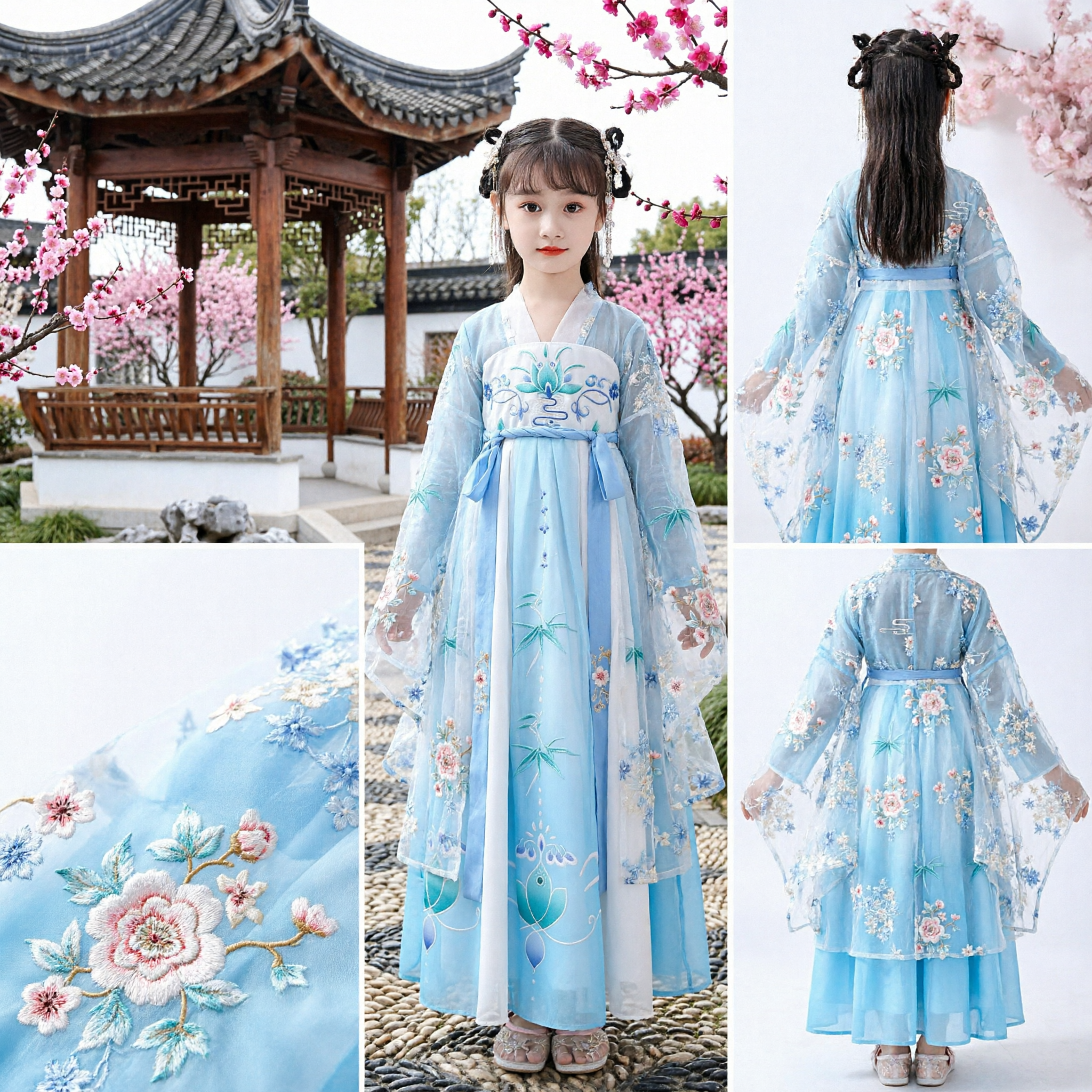 Kids Girls Traditional Chinese Hanfu Costume Ancient Fairy Princess Dress Blue Lotus Outfit for Stage Performance - Asian Costume