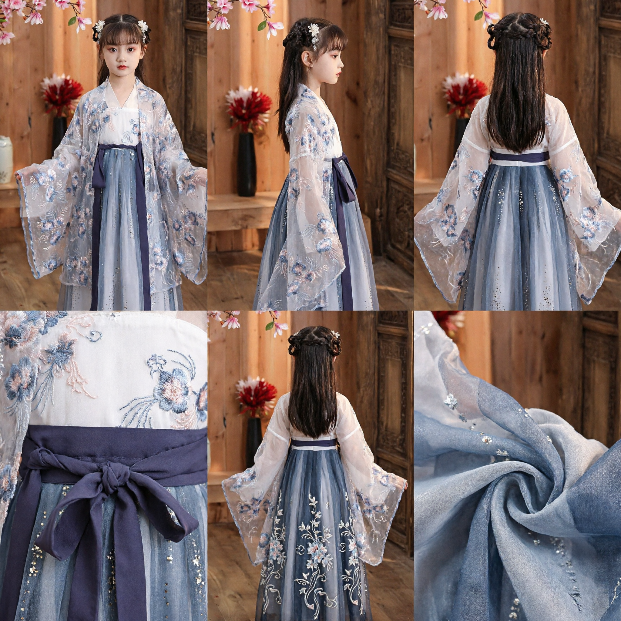 Kids Chinese Hanfu Traditional Costume Girls Ancient Princess Dress Blue Floral Embroidery Fairy Outfit - Asian Costume