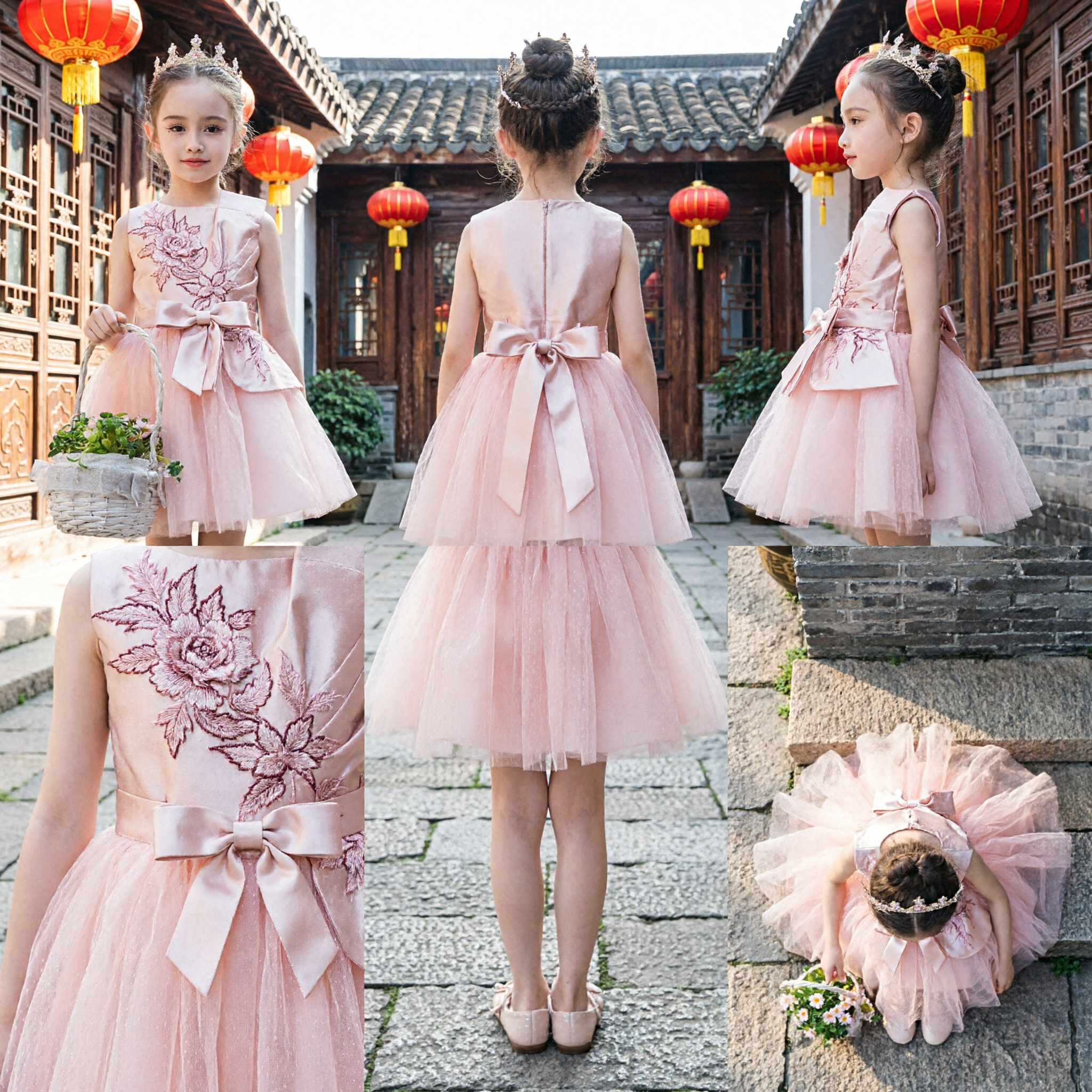 Pink Princess Flower Girl Dress Sleeveless Satin Bodice Tulle Skirt Wedding Pageant Party Costume for Girls - Asian Costume