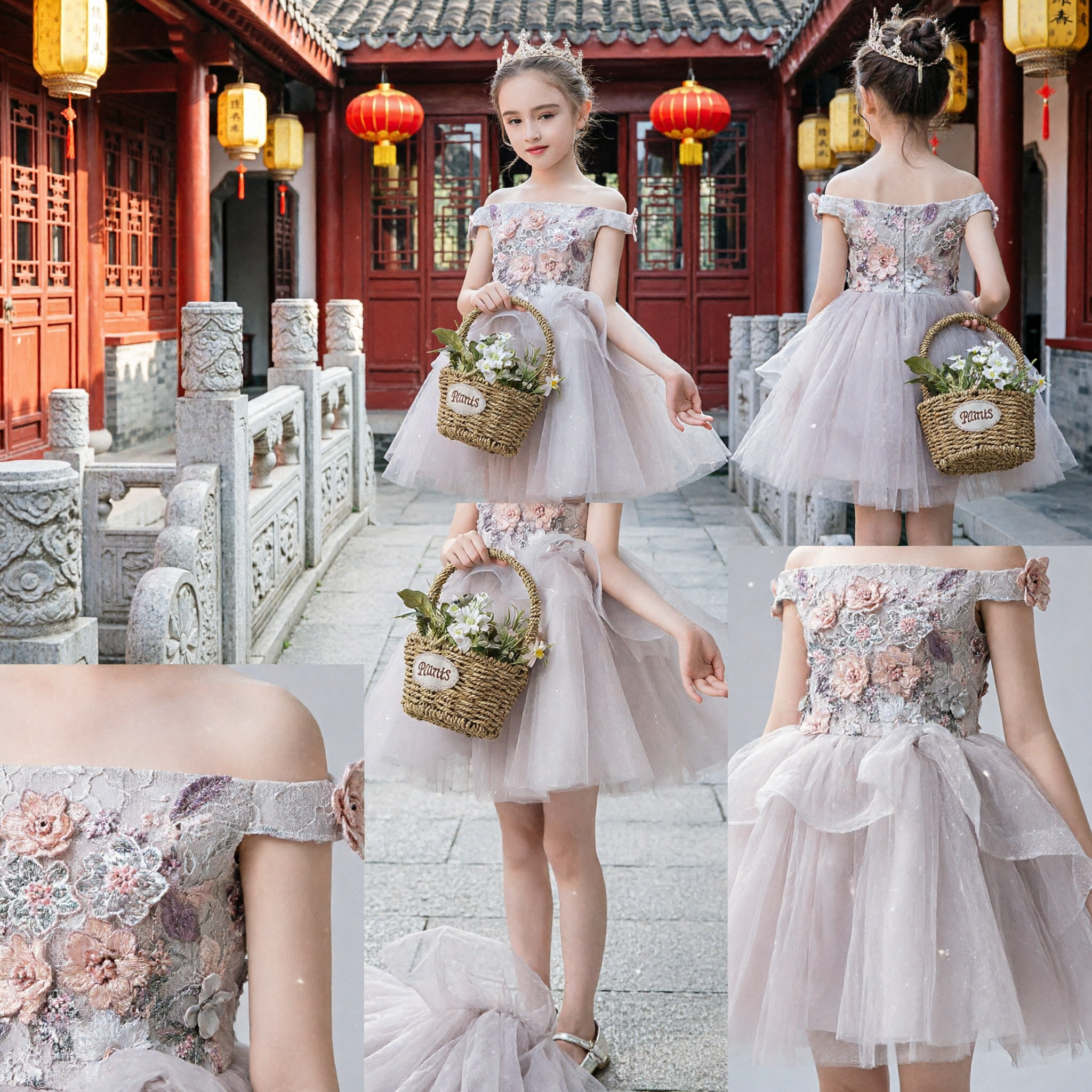 Elegant Girls Flower Girl Dress Off-Shoulder Floral Embroidery Tulle Tutu Princess Wedding Pageant Gown - Asian Costume