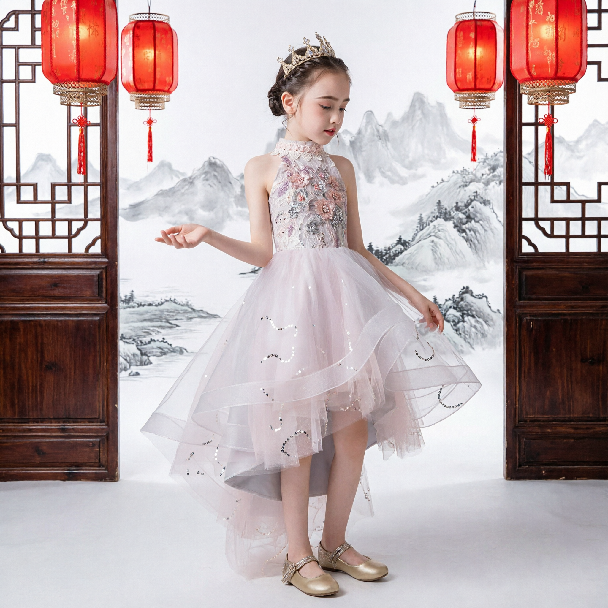 Elegant Girls Flower Girl Dress High Low Tulle Skirt Floral Embroidery First Communion Pageant Gown - Asian Costume