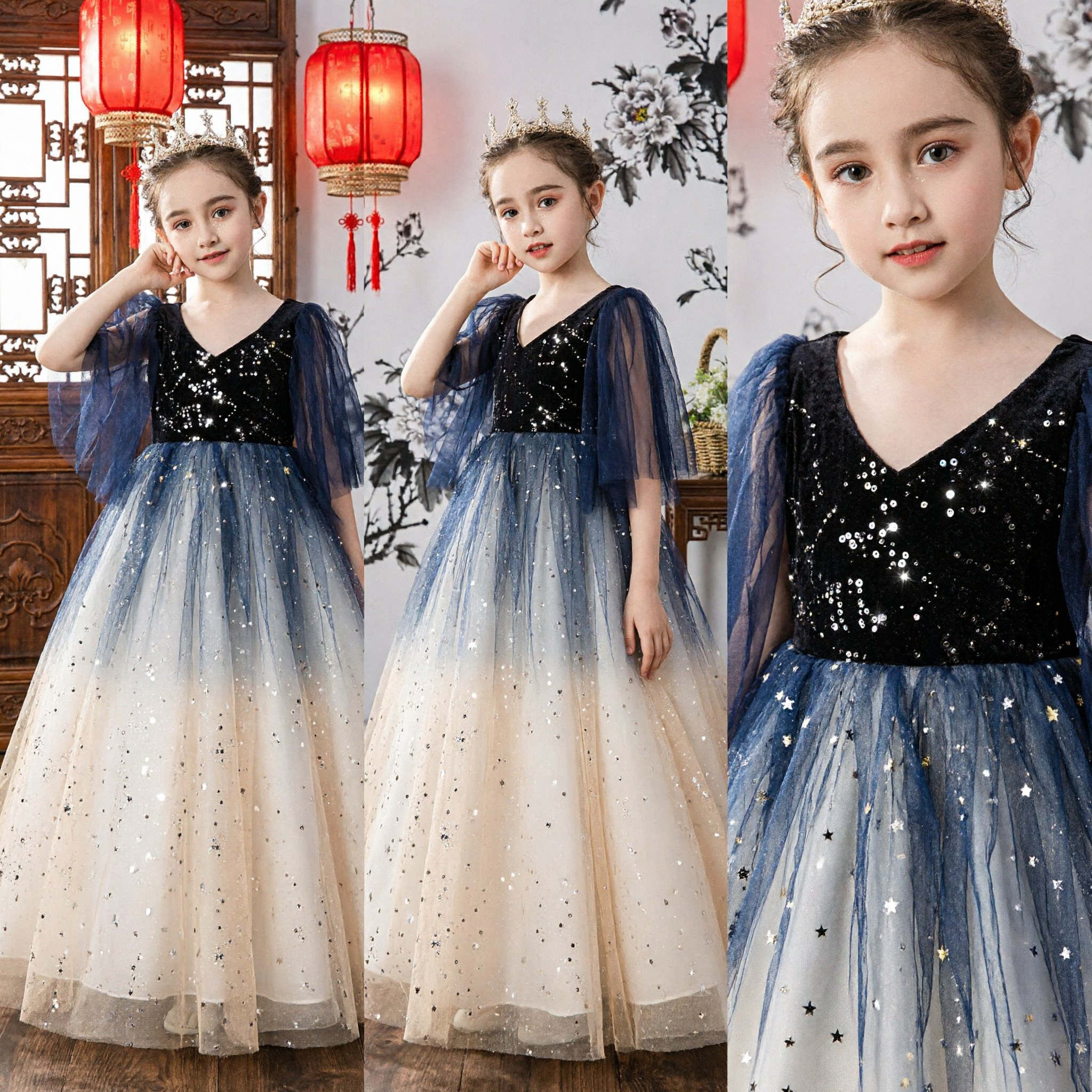 Girls Navy Blue Gradient Princess Ball Gown Dress with Cape Sleeves for Flower Girl Wedding Pageant - Asian Costume