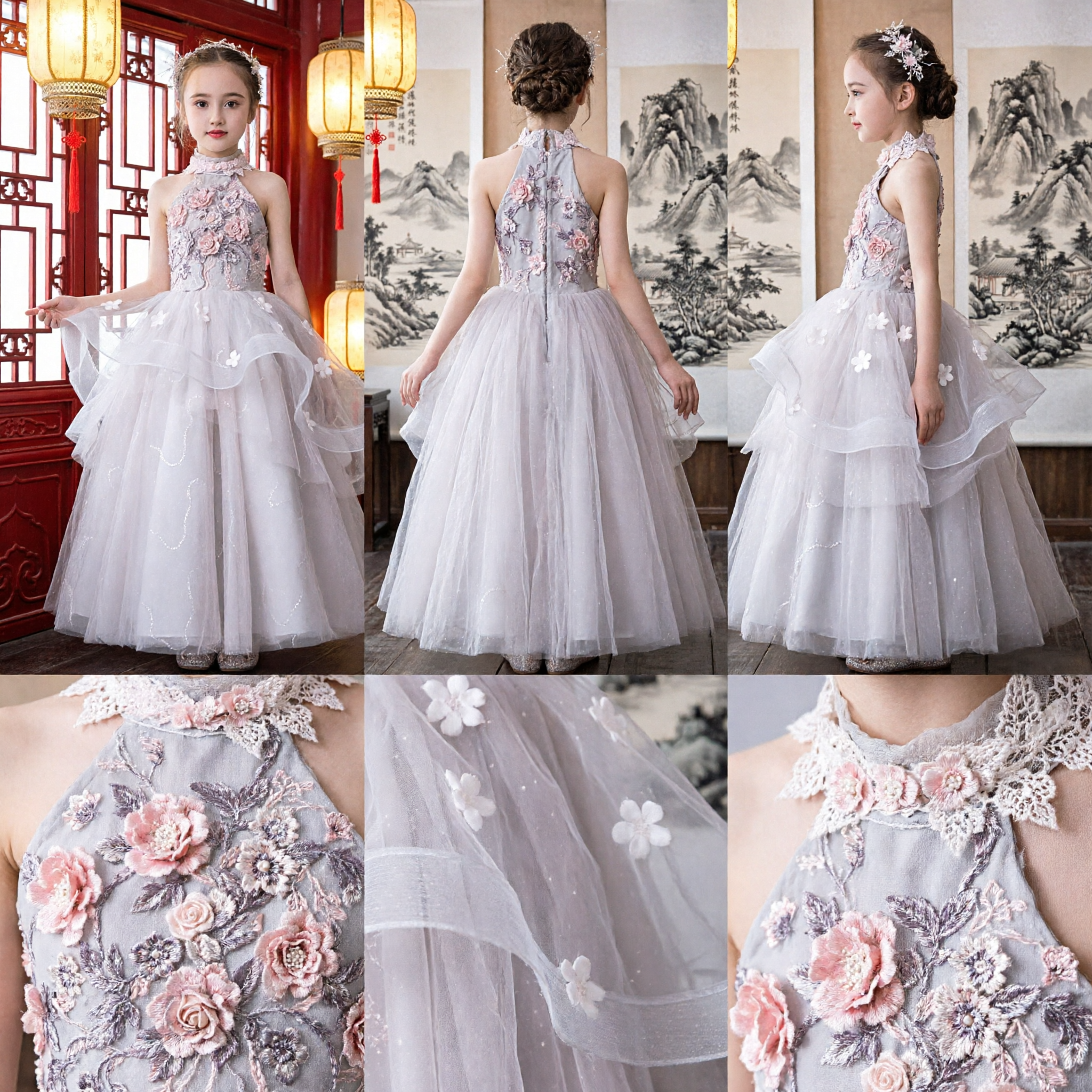 Elegant Flower Girl Dress Floral Embroidery Halter Neck White Tulle Ball Gown for Kids Wedding Pageant - Asian Costume