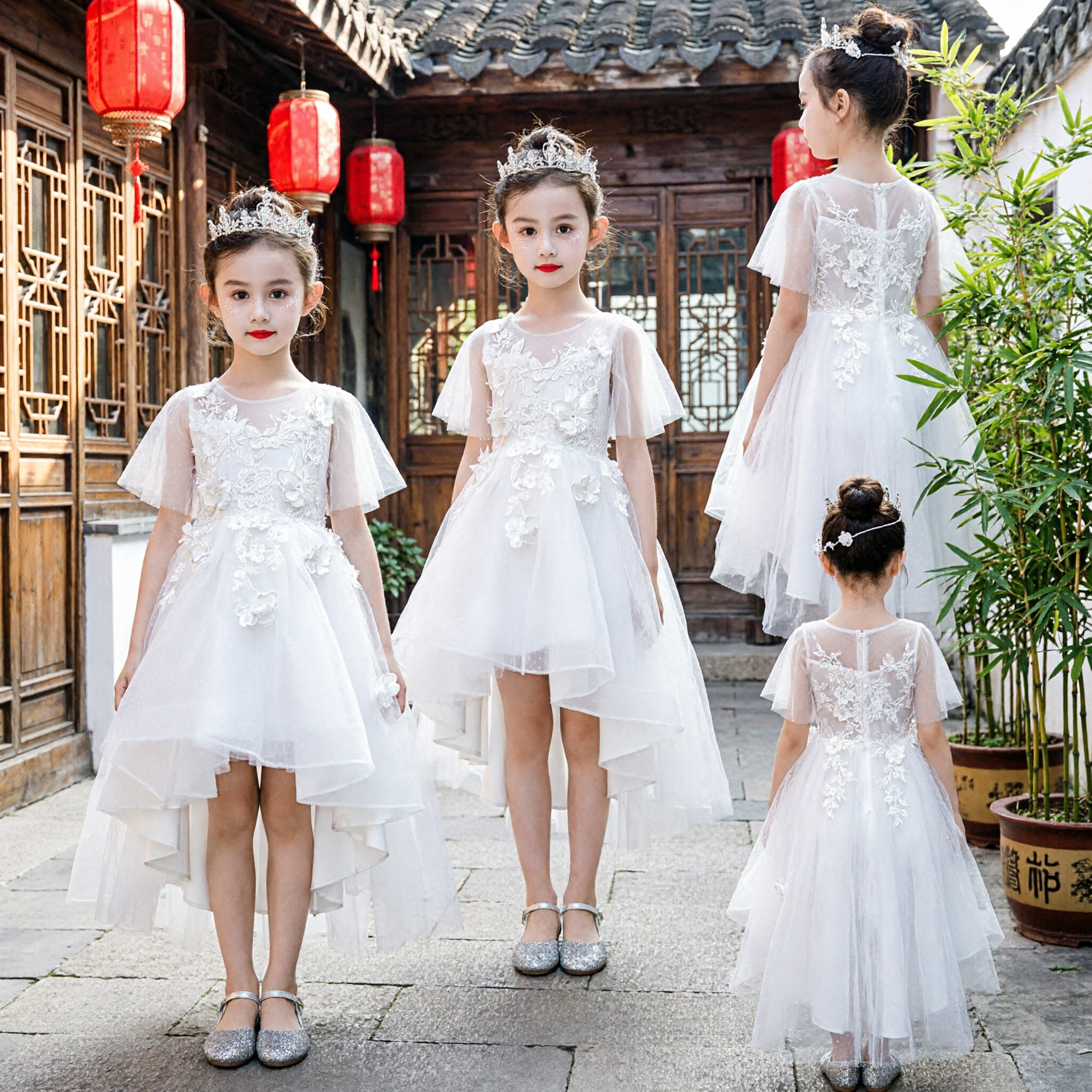 Elegant White Lace Flower Girl Dress High Low Tulle Skirt First Communion Pageant Gown for Kids - Asian Costume