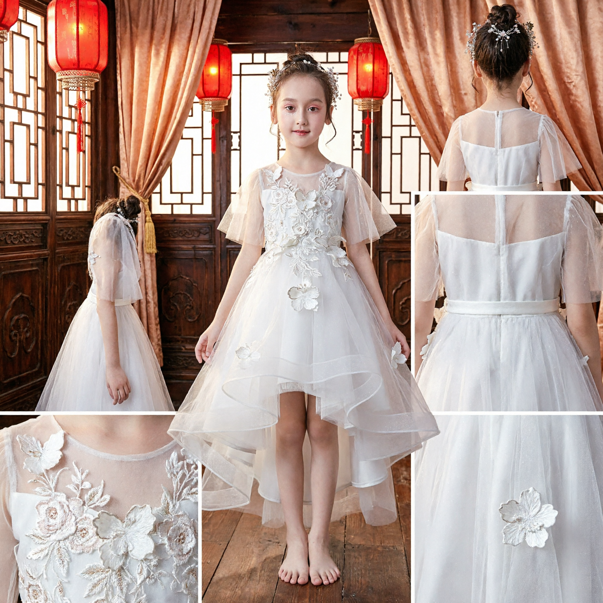 Elegant White Flower Girl Dress with 3D Butterfly Appliques High Low Tulle Gown for Wedding Communion - Asian Costume