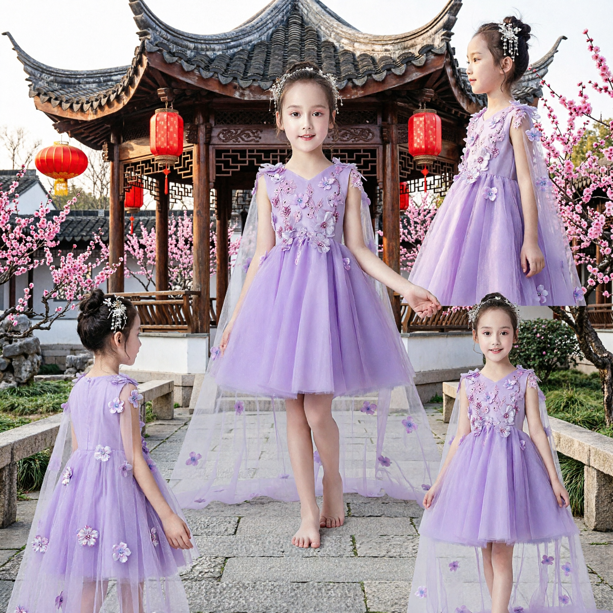 Girls Purple Fairy Princess Dress 3D Butterfly Floral Applique Tulle Gown Wedding Flower Girl Costume - Asian Costume