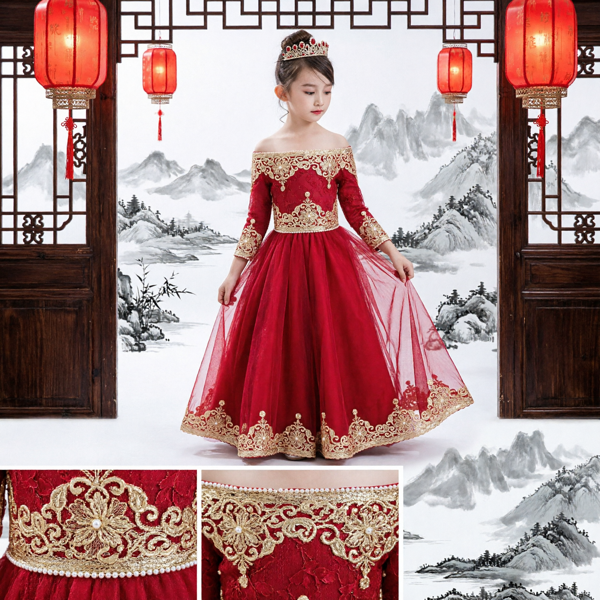 Girls Red Off-Shoulder Princess Ball Gown with Gold Lace Long Formal Dress for Wedding Flower Girl Pageant - Asian Costume