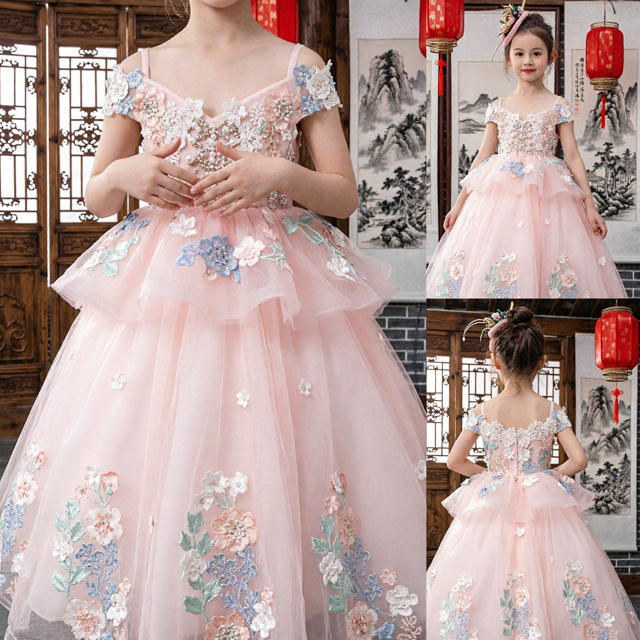 Pink Princess Flower Girl Dress for Kids Formal Wedding Party Gown with 3D Floral Embroidery - Asian Costume