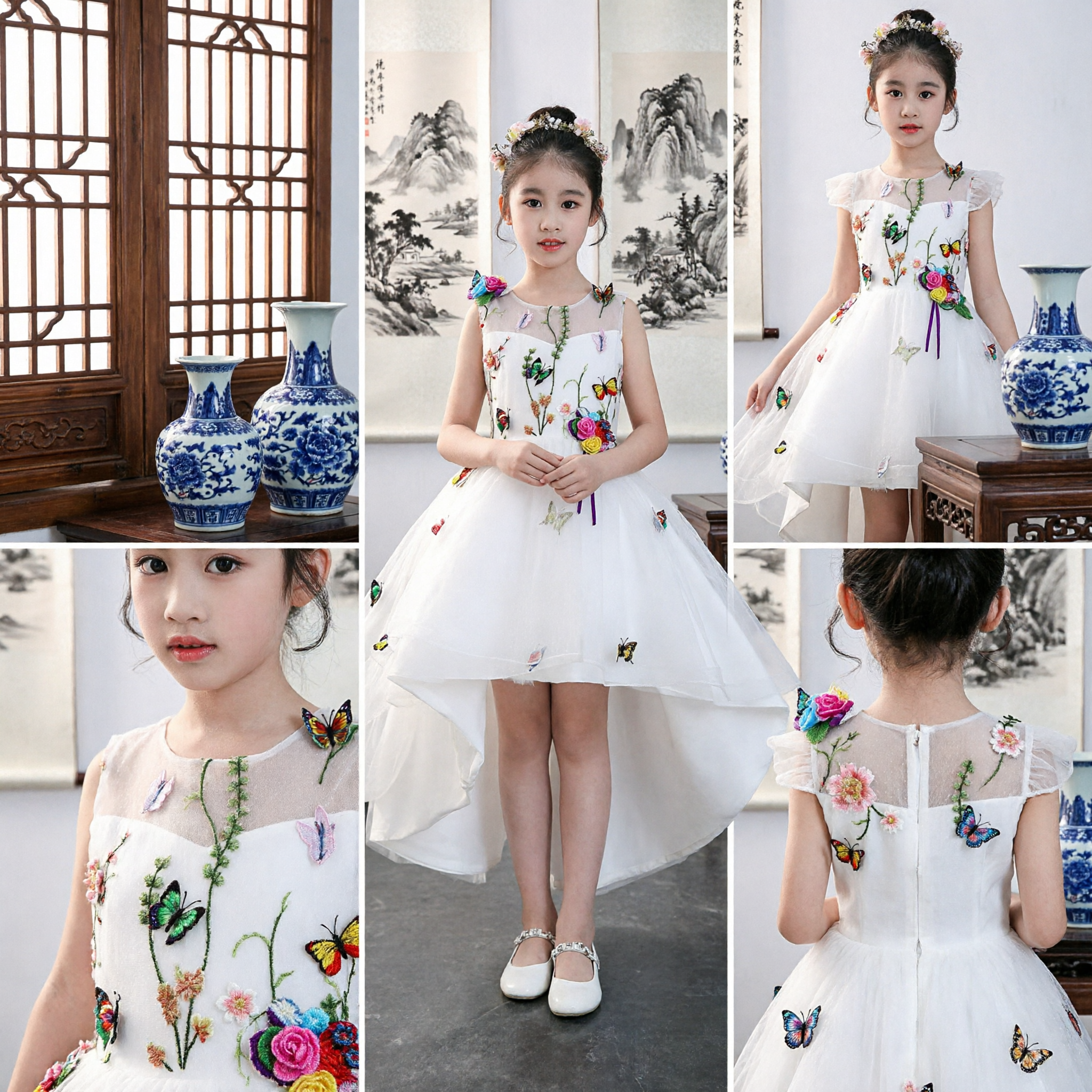 Elegant White Floral Butterfly Applique Dress for Girls High Low Hem Wedding Flower Girl Gown - Asian Costume