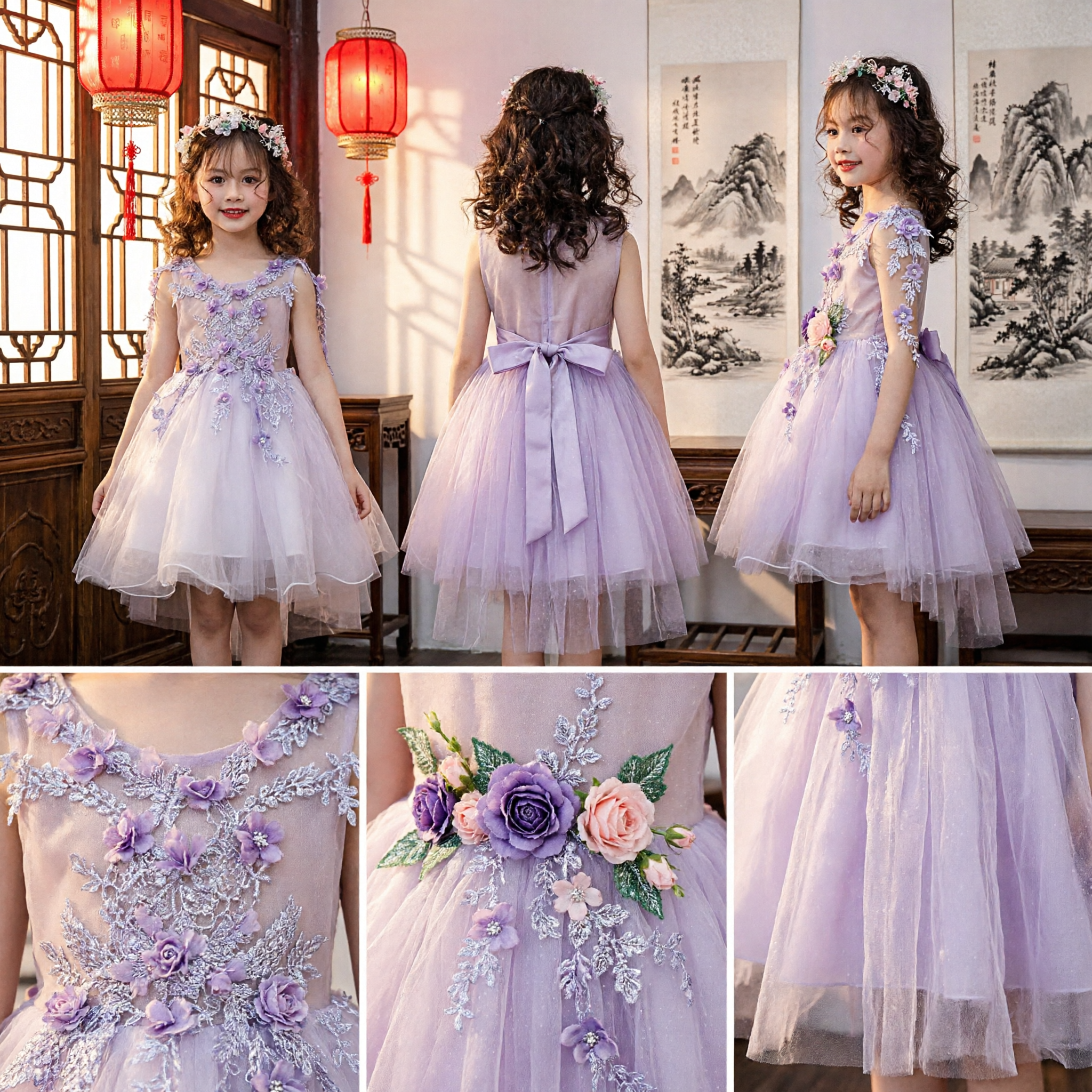 Elegant Purple Lace Flower Girl Dress with Floral Applique Tulle Skirt for Kids Wedding Party - Asian Costume