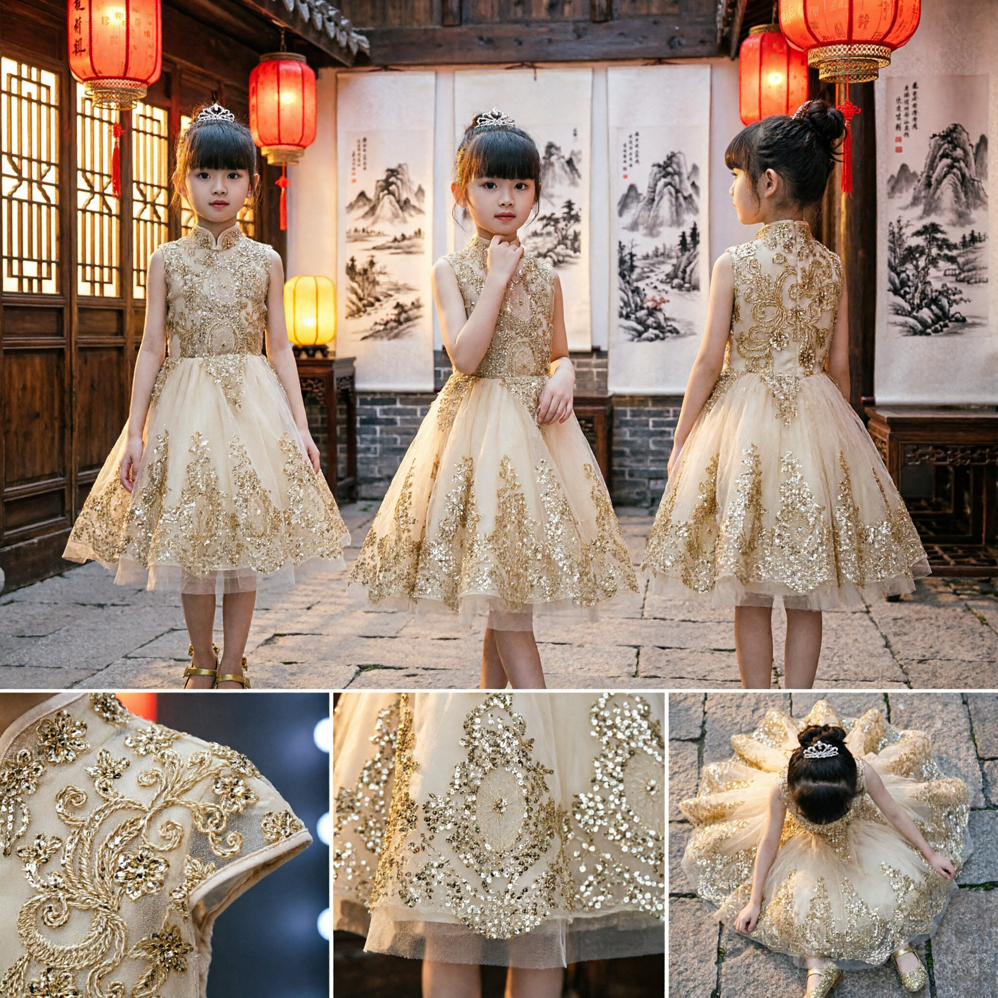 Girls Champagne Gold Embroidered Tulle Princess Dress Formal Wedding Party Performance Stage Gown - Asian Costume