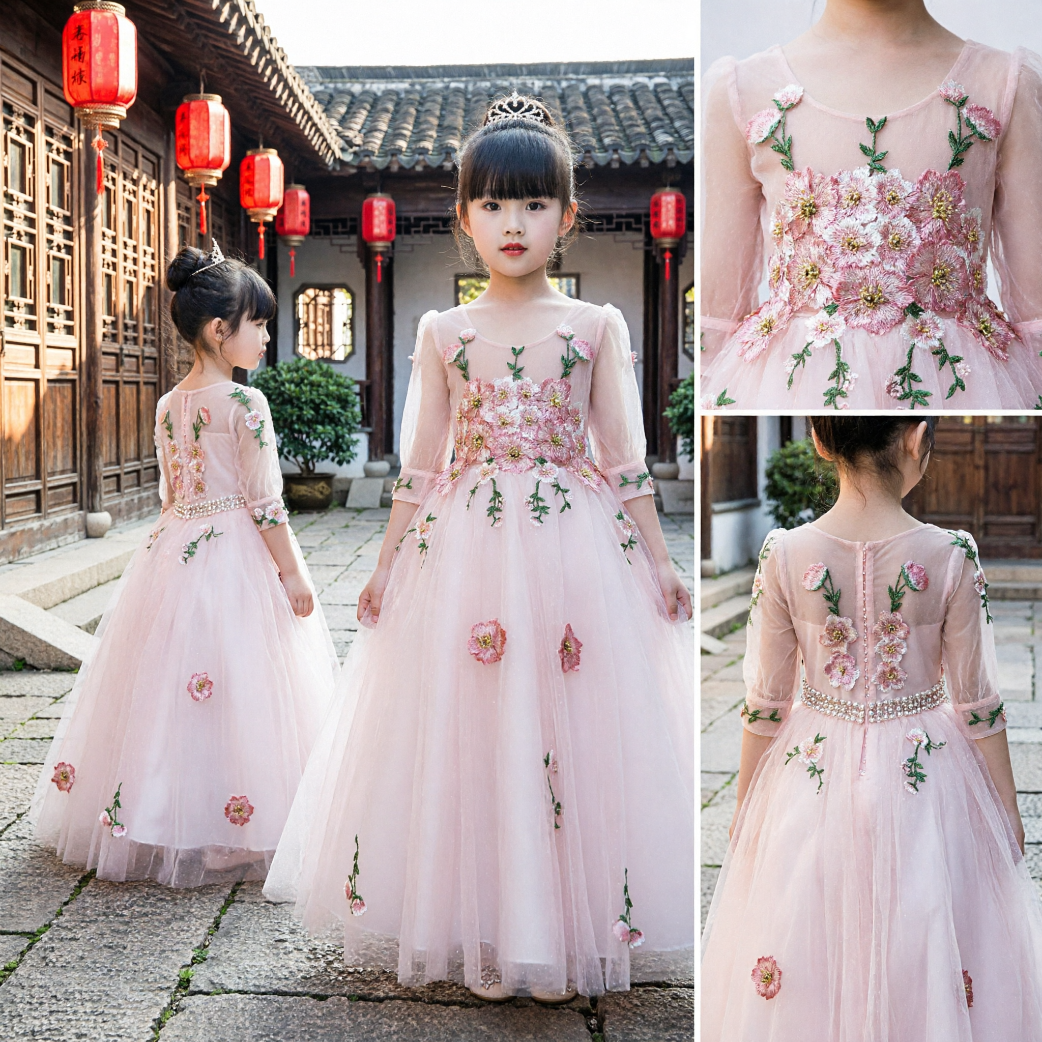 Elegant Pink Floral Embroidered Tulle Ball Gown for Girls Wedding Pageant Flower Girl Princess Dress - Asian Costume