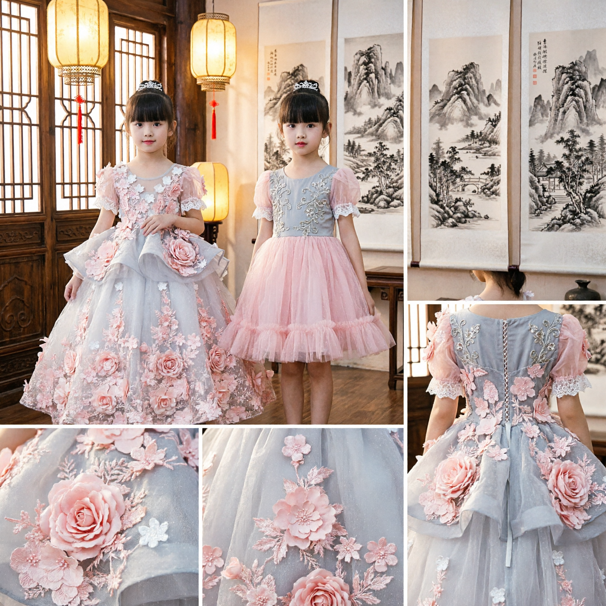 Pink 3D Floral Flower Girl Dress Princess Ball Gown Formal Party Wedding Pageant Gown for Kids - Asian Costume