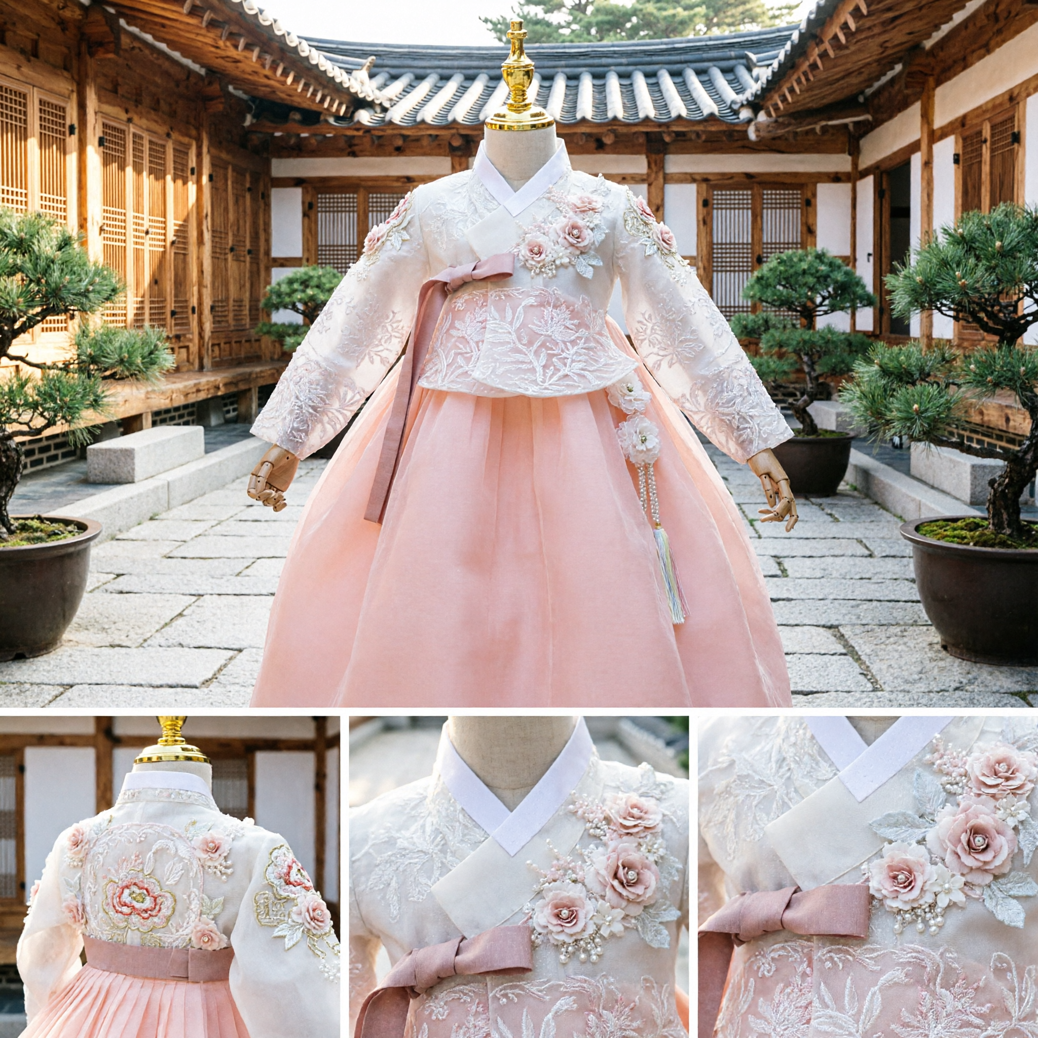 Girls Traditional Korean Hanbok Set White Lace Floral Top Peach Skirt for First Birthday Wedding - Asian Costume