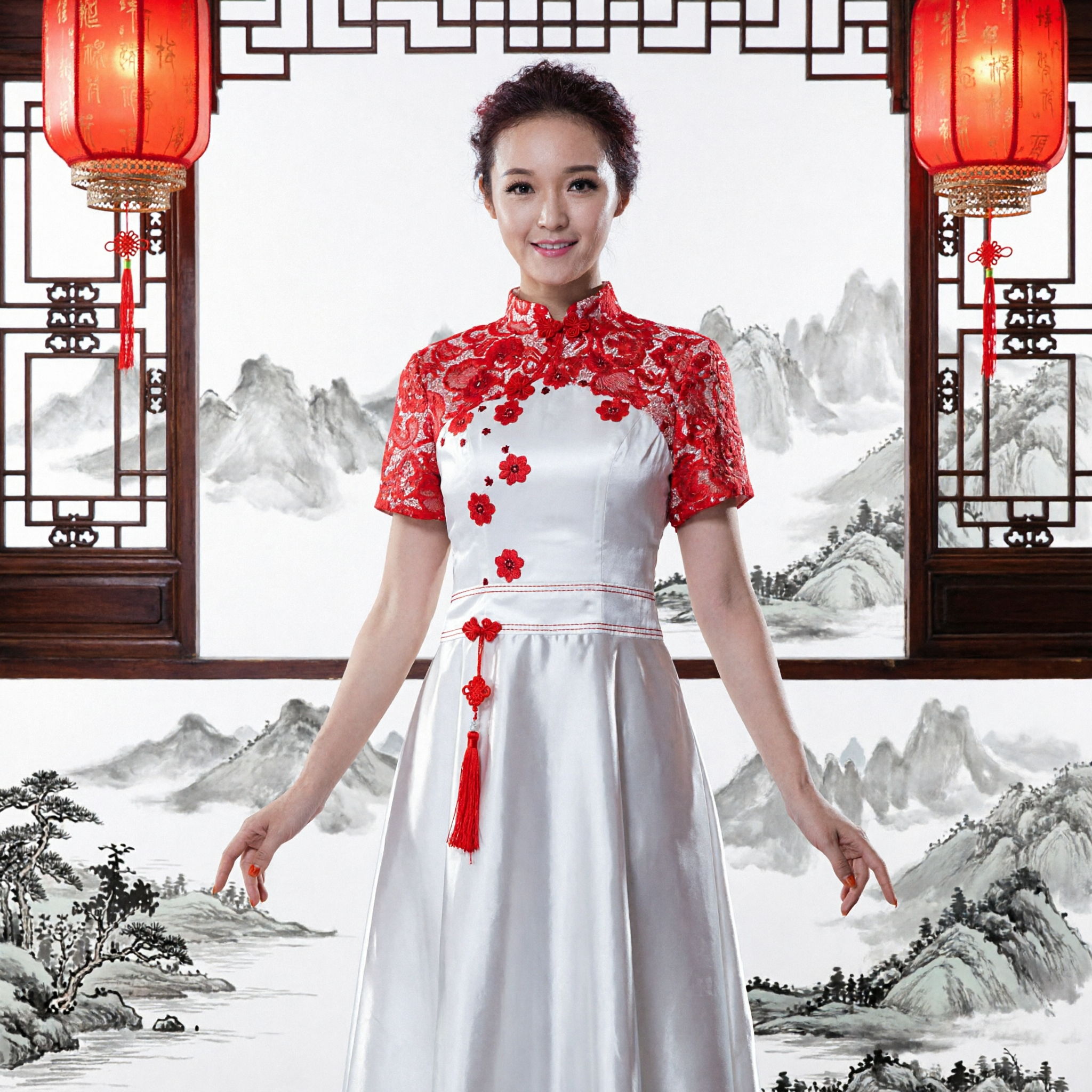 Elegant White and Red Lace Chinese Qipao Wedding Dress Long Formal Evening Gown for Bride - Asian Costume