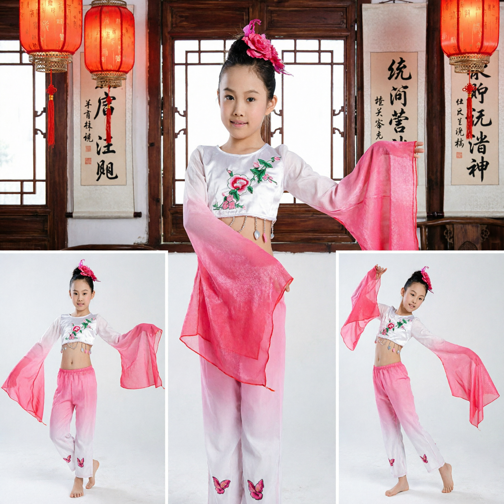 Girls Pink Chinese Folk Dance Costume Traditional Yangge Performance Outfit with Gradient Pants and Water Sleeves - Asian Costume
