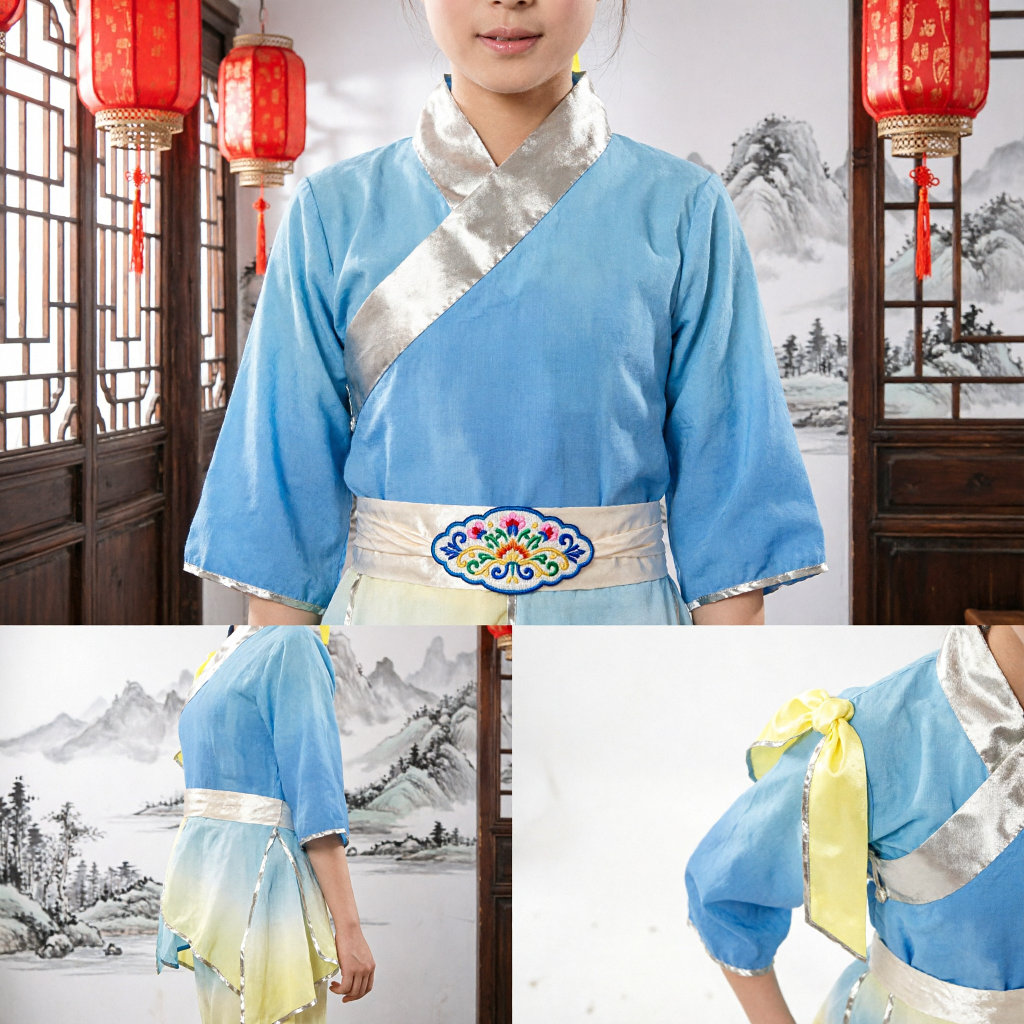 Kids Chinese Folk Dance Costume Girls Traditional Yangge Performance Outfit Blue Yellow Gradient Top and Pants Set - Asian Costume