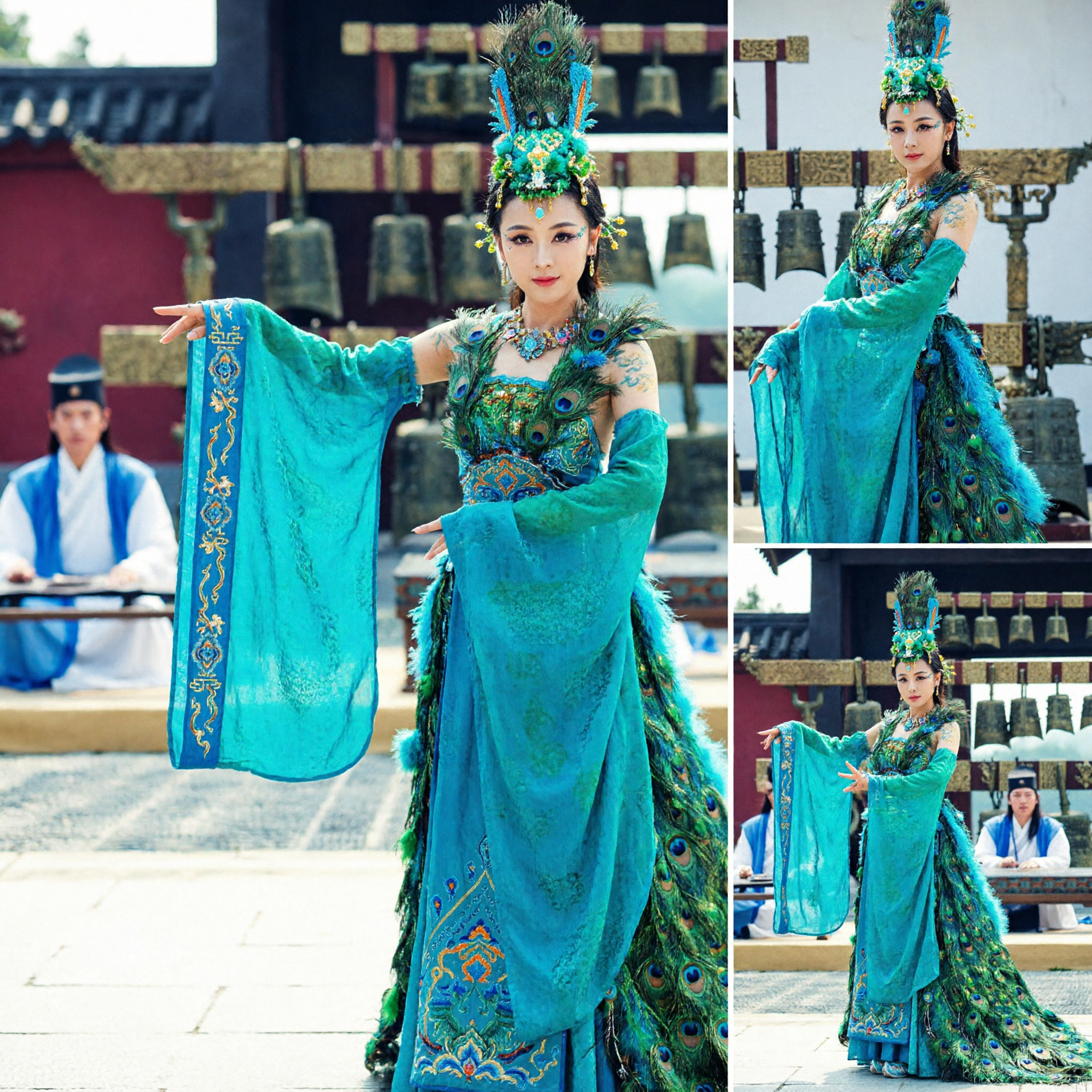 Exquisite Teal Peacock Dance Costume Ancient Chinese Classical Performance Dress with Headdress for Women Stage Show - Asian Costume