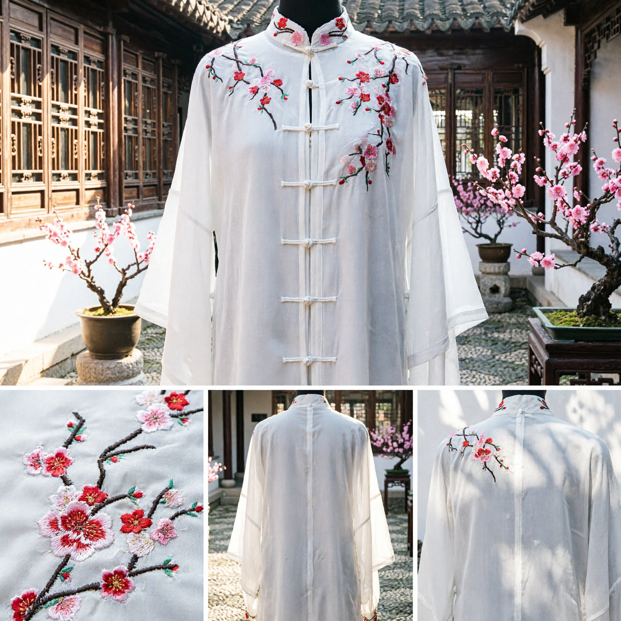 Traditional Chinese Tai Chi Kung Fu Suit White Mandarin Collar Plum Blossom Embroidery Martial Arts Uniform - Asian Costume