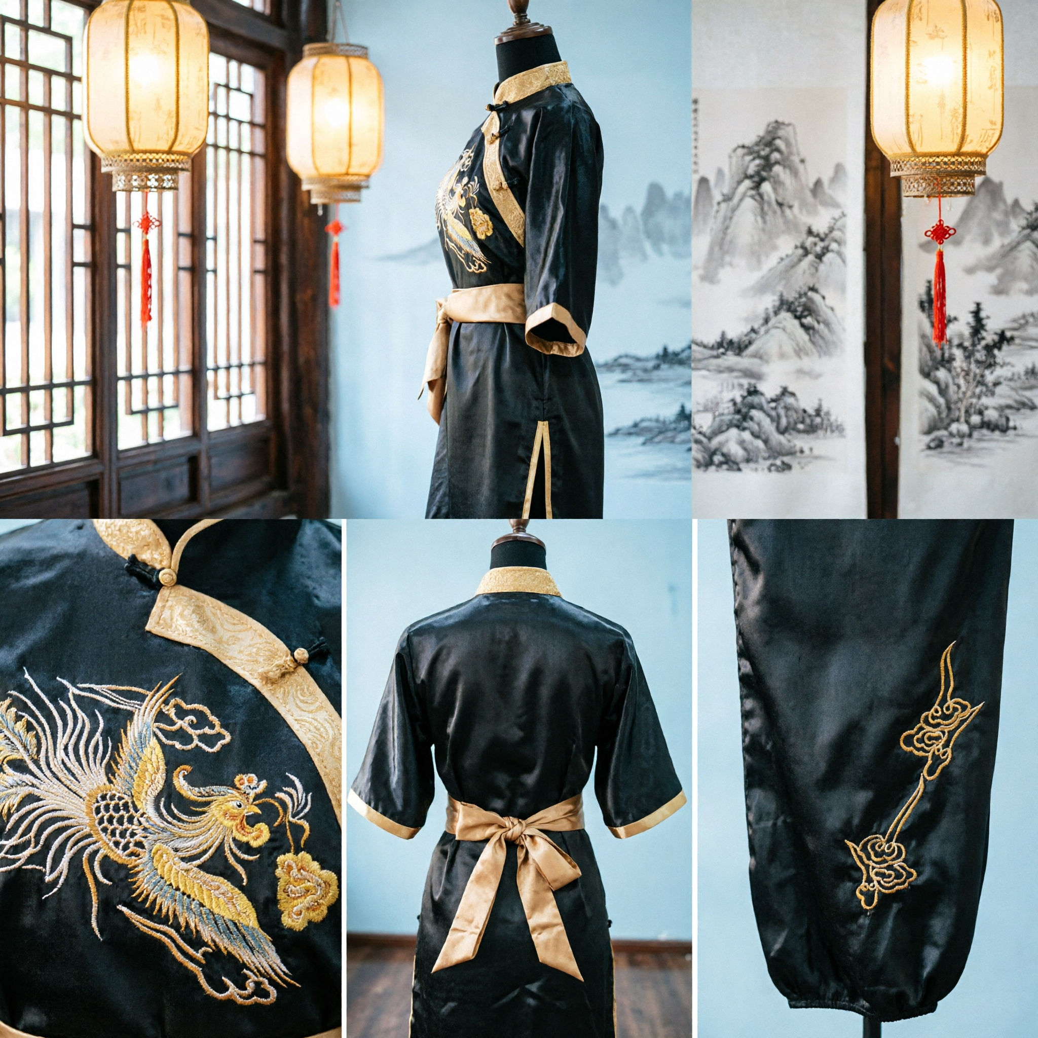 Men's Traditional Kung Fu Uniform Set with Gold Dragon and Phoenix Embroidery Wushu Tai Chi Suit - Asian Costume