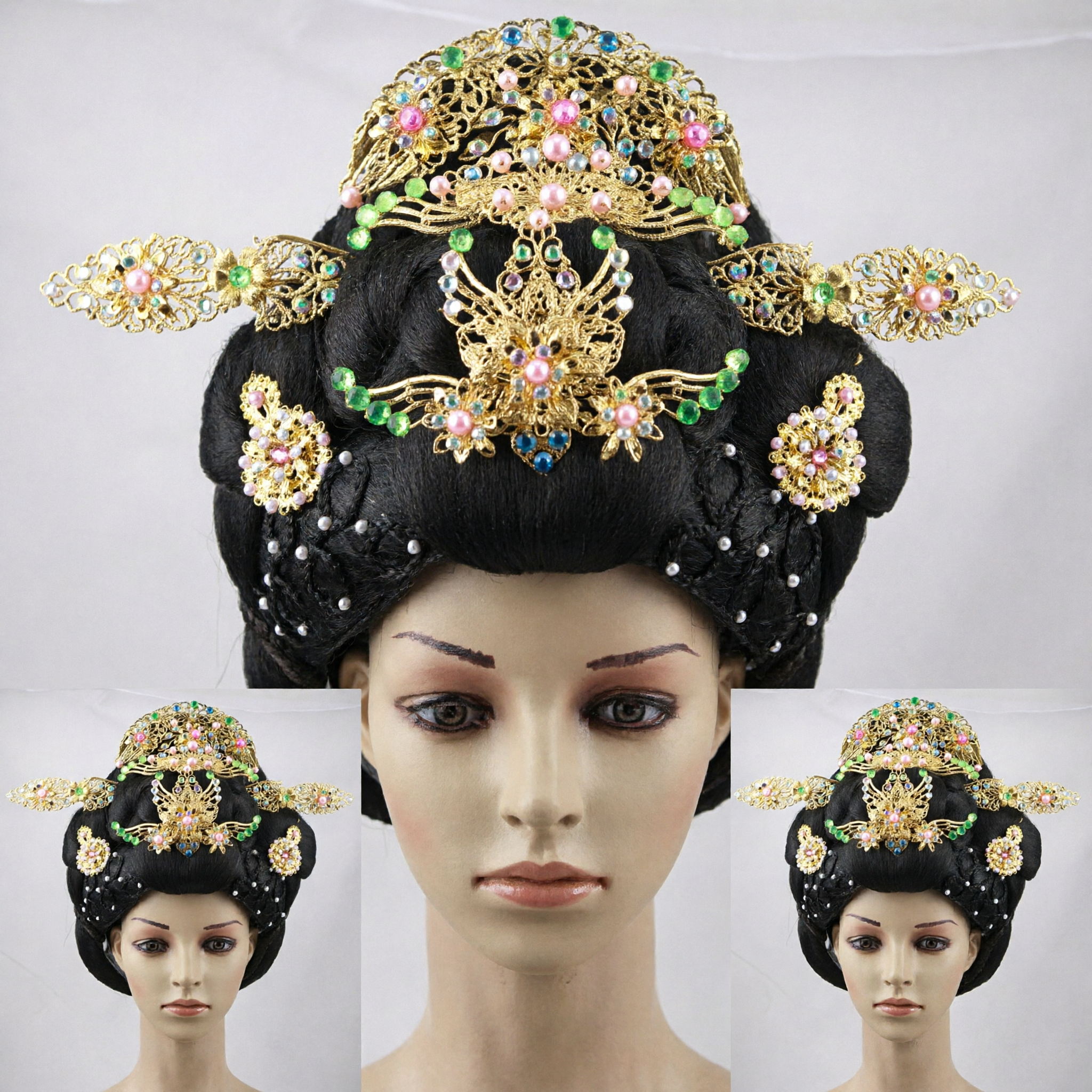 Ancient Chinese Tang Dynasty Palace Princess Wig with Elaborate Gold Hair Jewelry Headpiece for Hanfu Cosplay - Asian Costume