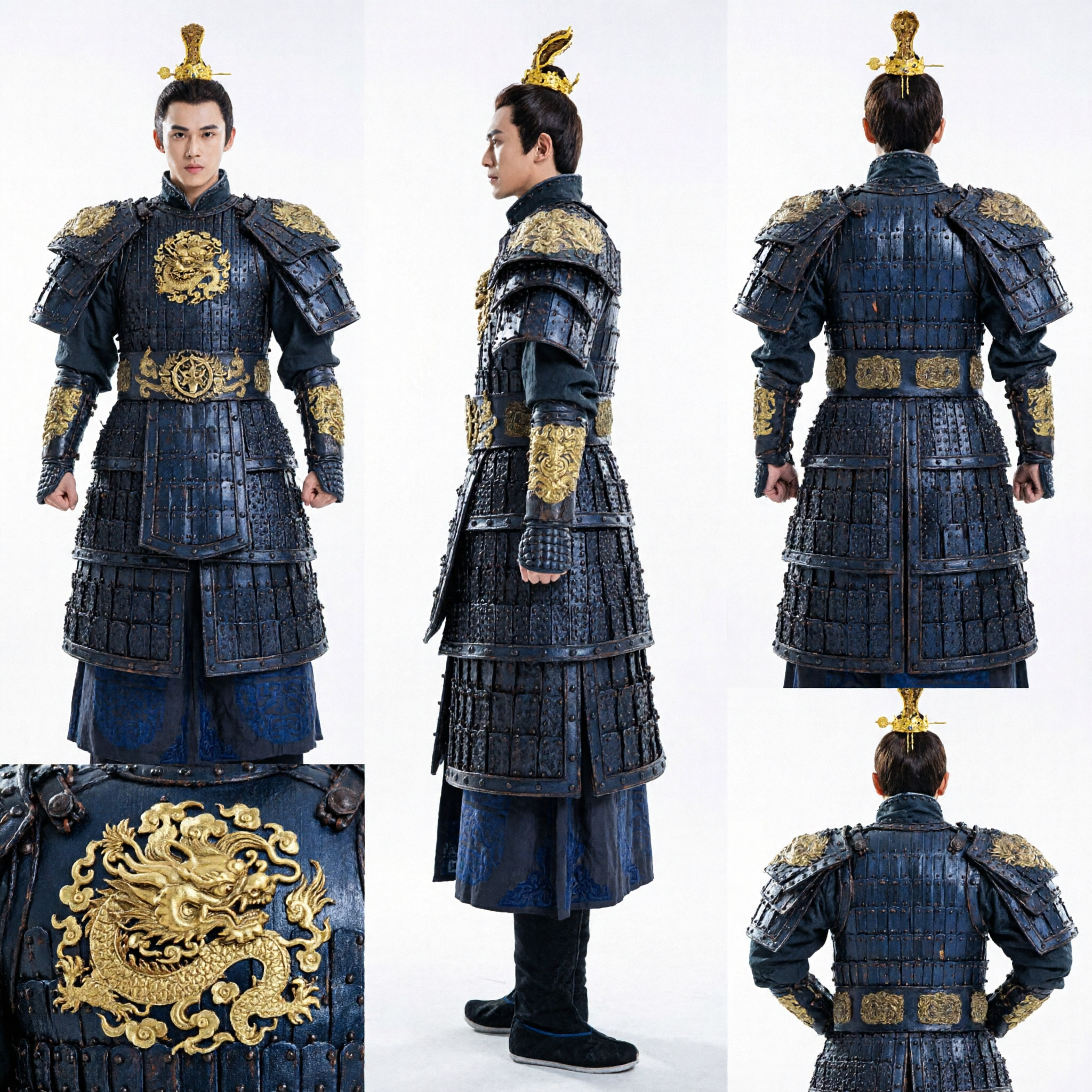 Men's Ancient Chinese General Armor Costume Black Gold Embroidery Hanfu Cosplay Outfit for Historical Drama - Asian Costume